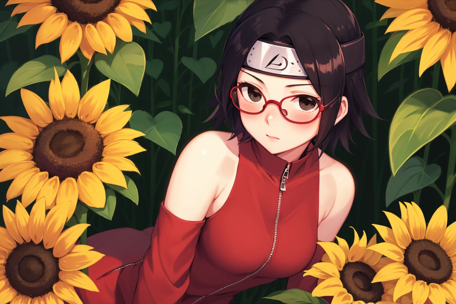 masterpiece, highest quality, best quality, 1girl, solo, looking at viewer, sunflower field, holding kitty,
uchiha sarada, bare shoulders, black eyes, black hair, blush, red framed glasses, short hair, forehead protector, <lora:my_UchihaSarada_v2:0.5>