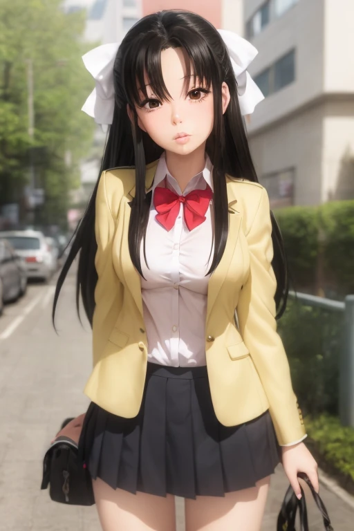 1girl, nana_chigusa, brown eyes, long hair, black hair, parted bangs, lips, mole under eye, bow, hair ribbon, school uniform, pleated skirt, blazer, embarrassed, standing, school <lora:nana_chigusa:1>