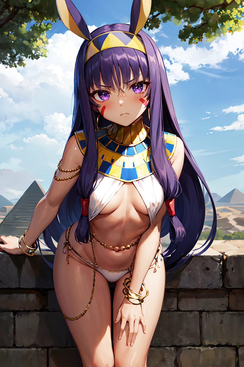 masterpiece, best quality, highres, nit1, animal ears, dark skin, long hair, facial mark, hairband, jewelry, bracelet, hairband, egyptian clothes, thighs, belly chain, usekh collar, small breasts, white panties, <lora:nitocris_(fate)_v1:0.7>, leaning forward, outdoors, frown