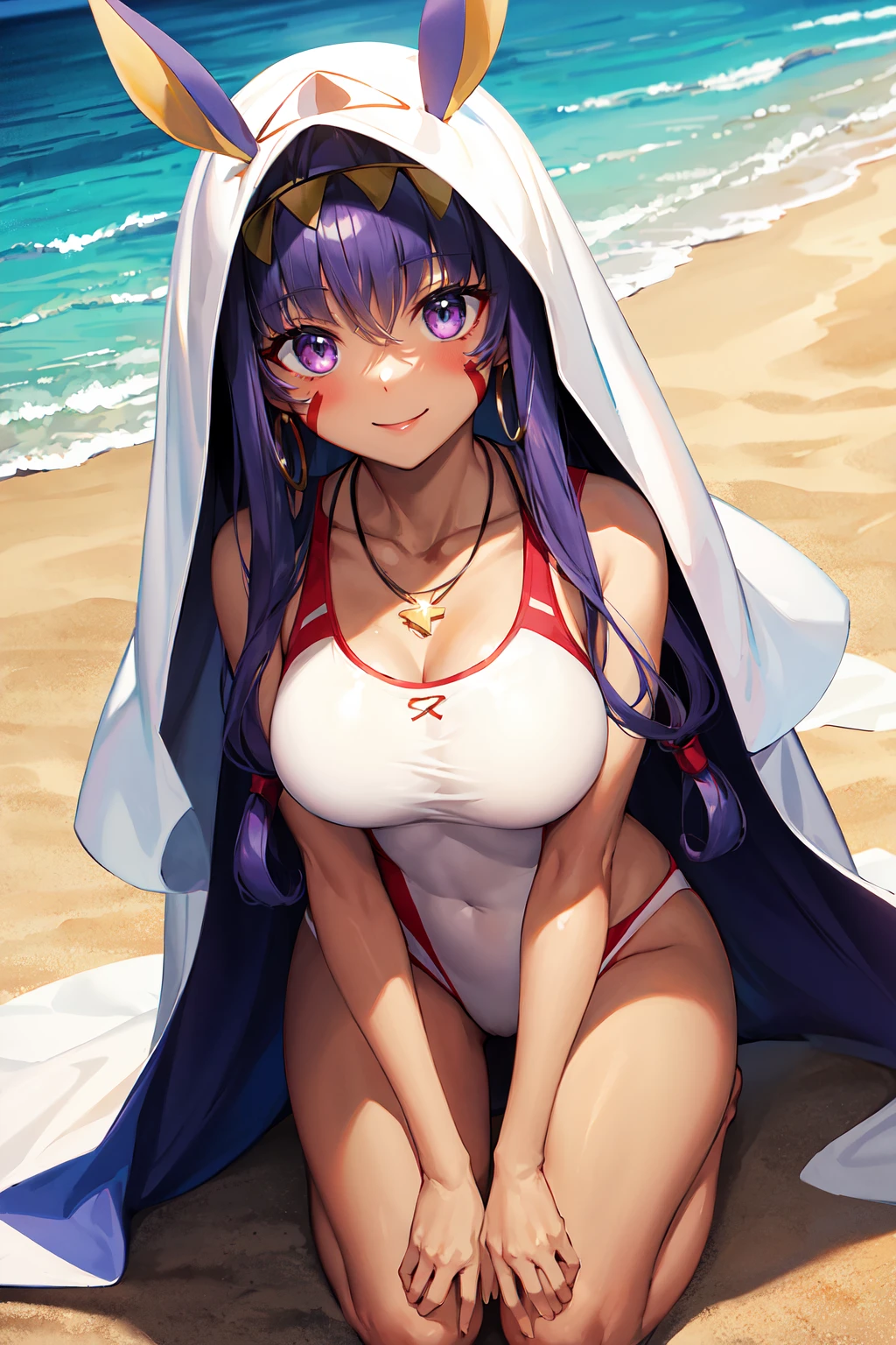 masterpiece, best quality, highres, nit1, animal ears, dark skin, long hair, facial mark, hairband, white one-piece swimsuit, white swimsuit, jewelry, necklace, collarbone, white shawl, hood up, <lora:nitocris_(fate)_v1:0.7>, kneeling, beach, smile