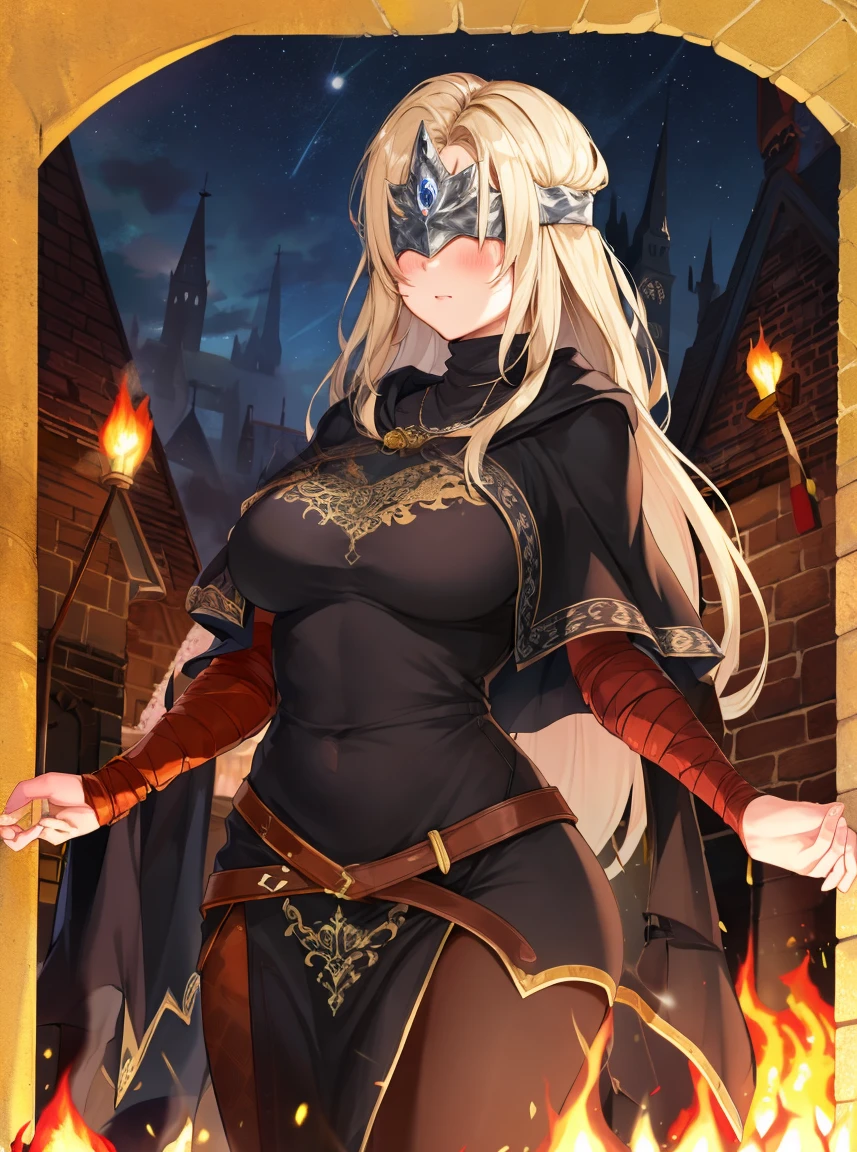 masterpiece, detailed, high quality, absurdres, blindfirekeeper, 1girl, solo, blush, medium breasts, curvy, black dress, see-through, black capelet, bandaged arm, praying, church, lamp, night, starry sky, bonfire, cowboy shot,