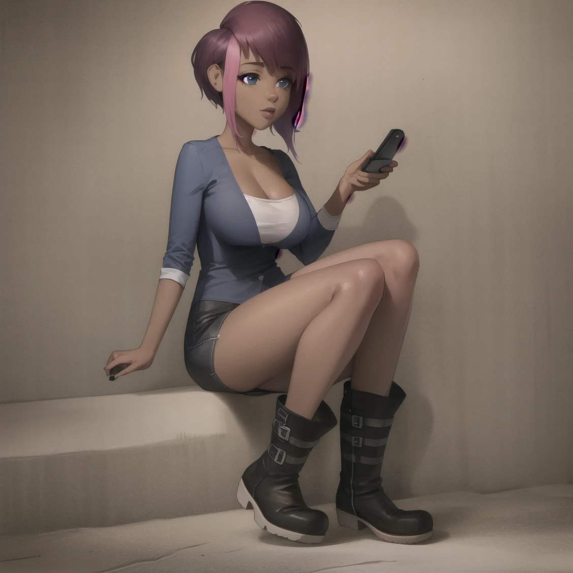 <lora:tambry:1>,tambry,holding phone,solo,1girl, full body, boots, large breasts, lips,