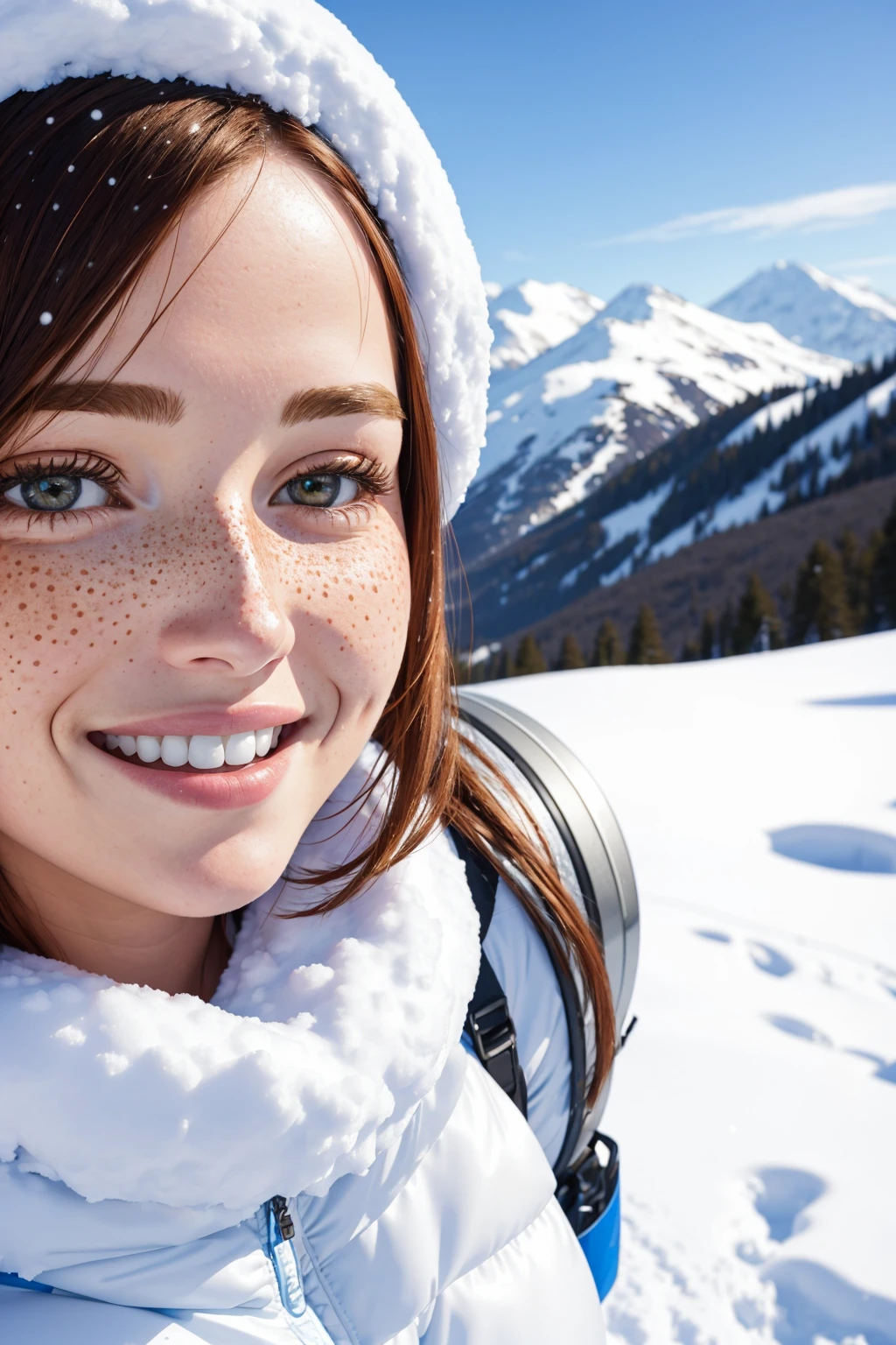 close-up portrait of beautiful smiling woman with freckles, snow-covered mountain, full body, 16mm, 35mm, vivid colors, high quality, white balance, kodak film, high detail