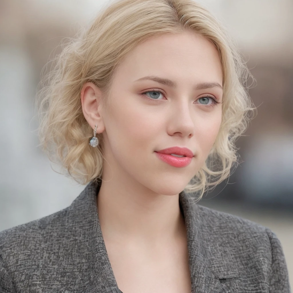 best quality, scarlett_johansson, 1girl, solo, short hair, looking at viewer, jacket, smile, blonde hair, jewelry, upper body, earrings, parted lips, blurry background, realistic, red lips
