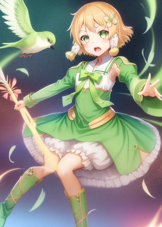 <lora:Inubozaki_Itsuki-10:0.7>,Inubozaki_Itsuki, 1girl, solo,short hair, open mouth, blonde hair,green hair ornament, long sleeves, dress, bow, green eyes, flower, boots, hair flower, bird, green dress, bloomers