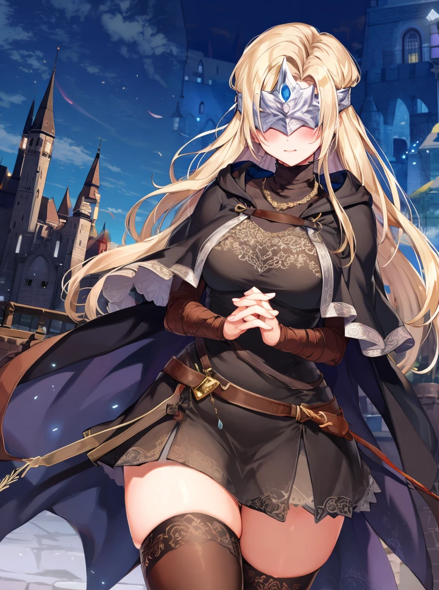 masterpiece, detailed, high quality, absurdres, blindfirekeeper, 1girl, covered eyes, eye mask, solo, blush, medium breasts, curvy, black dress, miniskirt, zettai ryouiki, bandaged arm, capelet, own hands together, castle,