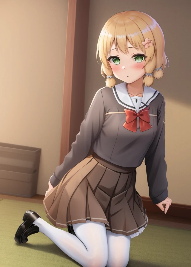 <lora:Inubozaki_Itsuki-10:0.7>,Inubozaki_Itsuki, 1girl, solo,short hair, skirt,green eyes,blonde hair,hair ornament, long sleeves,dress, bow,school uniform,flower, pantyhose, shoes, hairclip, hair flower, bowtie, black footwear, red bow, loafers, red bowtie, white pantyhose, arms at sides, pleated dress