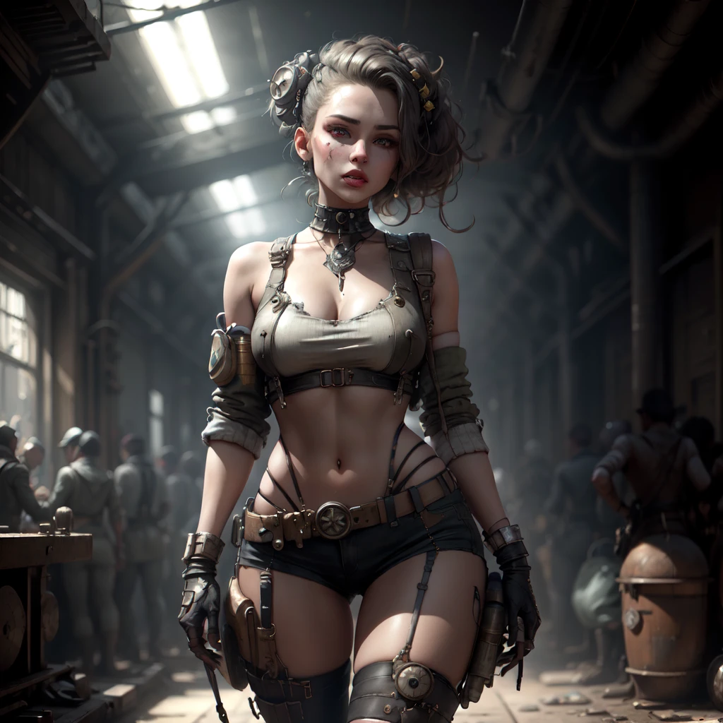 (Ultra-detailed, 8K, Raw photo, Best Quality, masutepiece:1.2), high-definition RAW color photography, professional photograpy, ((cowboy shot)), (Realistic, photographrealistic:1.37), ((Best Quality)), (finerly detailed face:1.2),((dark theme)),(((midnight))), (masutepiece:1.5), (Best Quality:1.2),(dark_skin), ((slender)), (Narrow waist), muscular, (large breasts:1.4), (1 half mechanical girl),(Solo), Short Bob Multicolor Hair ,(dieselpunk:1.5),action,(From below:1.1),(Metal prosthesis:1.4), (Rusty Robotic Arm:1.5),(Navel), (Glowing metal parts:1.4),(Fine scratches on the surface:1.4),(Contrasty:1.2),(Weathering:1.4),(Aging:1.6), (zettai ryouiki:1.5), (Very short leather vest),(Ripped_Short_Shorts:1.3),(Ripped_leather tank top:1.3),( Line:1.5)(Abs:1.25),
Wearing ((Rusted and damaged helmet:1.4)), Looking away, Damaged combat uniform, Damage to the flight jacket, Leather damage during wear, eye wear, (All the joints of the android's body are made of gears.),(Lots of ruins:1.3),(decline, Overgrown with ivy,A half-destroyed building overgrown with mossy broken window glass:1.2),(Drip the oil, 3 Dirt on the floor),(Lots of waste:1.2),(Rusty, broken, old machinery and vehicles), (Heavy_Rain:1.4),(((Midnight,darkness))),
panoramic photo, Wide-angle view, Immersive landscapes, Stunning views, Vast Scene, Visual depth, breathtaking perspectives,