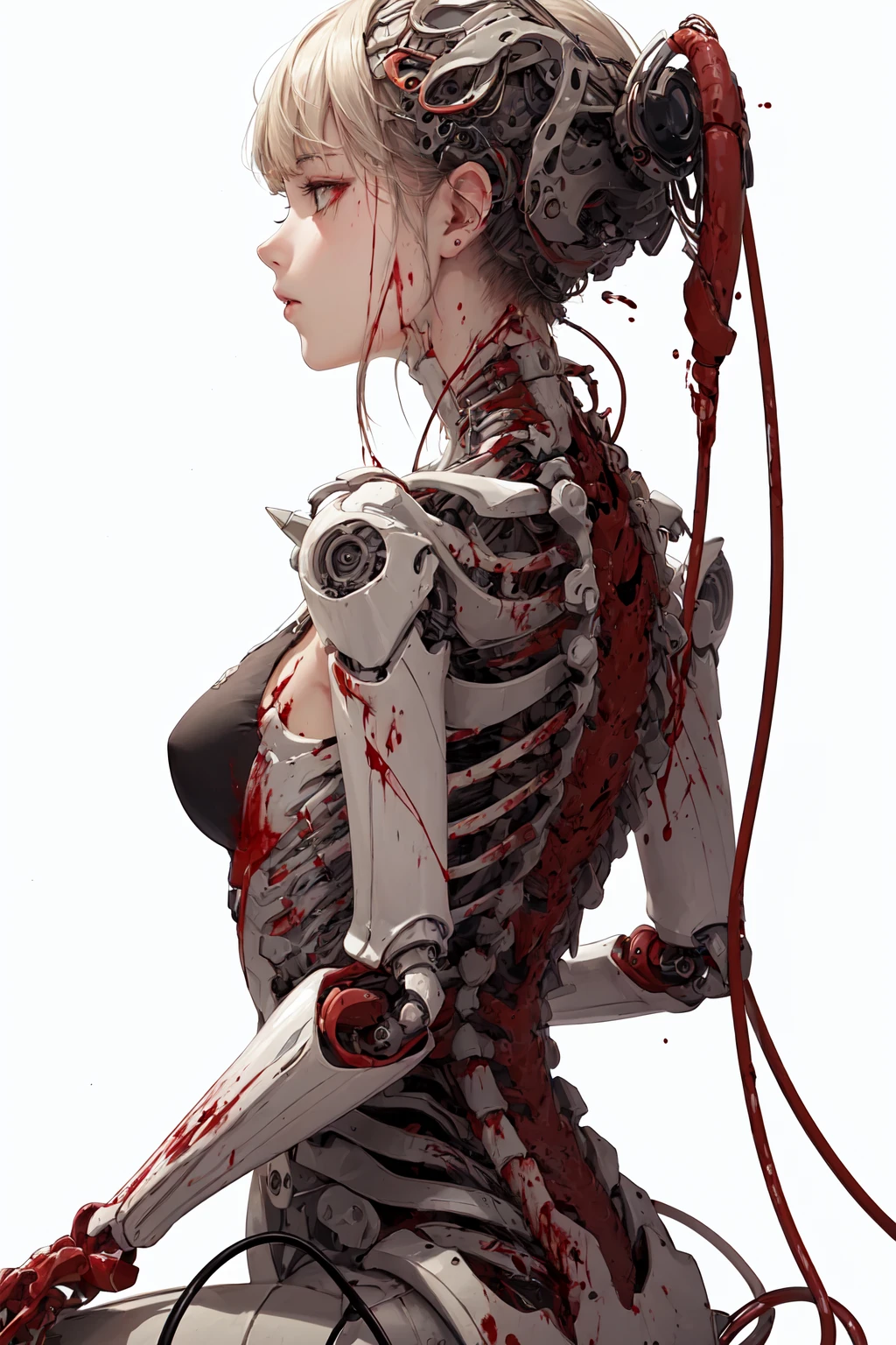 (masterpiece, top quality, best quality, official art, beautiful and aesthetic:1.2), (1girl:1.3), extreme detailed,colorful,highest detailed ((ultra-detailed)), (highly detailed CG illustration), ((an extremely delicate and beautiful)),(from side),cinematic light,((1mechanical girl)),solo,full body,(machine made joints:1.2),((machanical limbs)),(blood vessels connected to tubes),(mechanical vertebra attaching to back),((mechanical cervial attaching to neck)),(sitting),expressionless,(wires and cables attaching to neck:1.2),(wires and cables on head:1.2)(character focus),science fiction,white background,(blood:1.5)