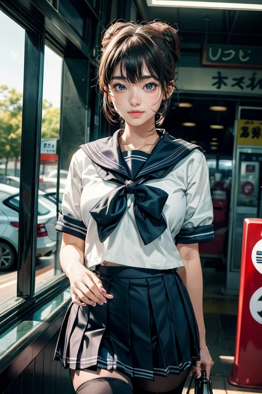 1girl, solo, large breasts, (depth of field:1.1), (realistic, photo realistic:1.37), clothes with random and brilliant patterns, <lora:add_detail:0.8>, <lora:FilmGX4:0.3>, dark studio, rim lighting, two tone lighting, dimly lit,
single_hair_bun, serafuku=(sailor_uniform), zettai_ryouiki, gas_station, skirt_grab, envious_face,