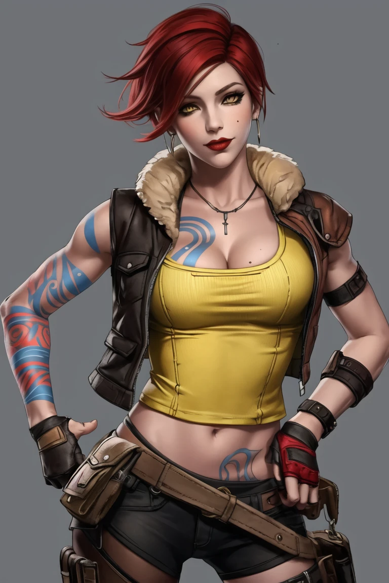 <lora:lilith_(borderlands):0.8>, lilith (borderlands), masterpiece, best quality, 1girl, tattoo, solo, breasts, torn clothes, gloves, hand on hip, weapon, red hair, cowboy shot, cleavage, breast tattoo, open clothes, yellow eyes, belt, short hair, fingerless gloves, makeup, lipstick, pants, bangs, fur trim, swept bangs, gun, jacket, head tilt, handgun, vest, fur collar, open vest, medium breasts, arm tattoo, looking at viewer, yellow jacket, open jacket, standing, unzipped, cropped jacket, short sleeves, jewelry, earrings, midriff, arm at side, mole, strapless, asymmetrical clothes, red lips, collarbone, colored sclera, thigh strap, holster, parted bangs, pouch, holding, holding weapon, buckle, contrapposto, pocket, black gloves, zipper, lips