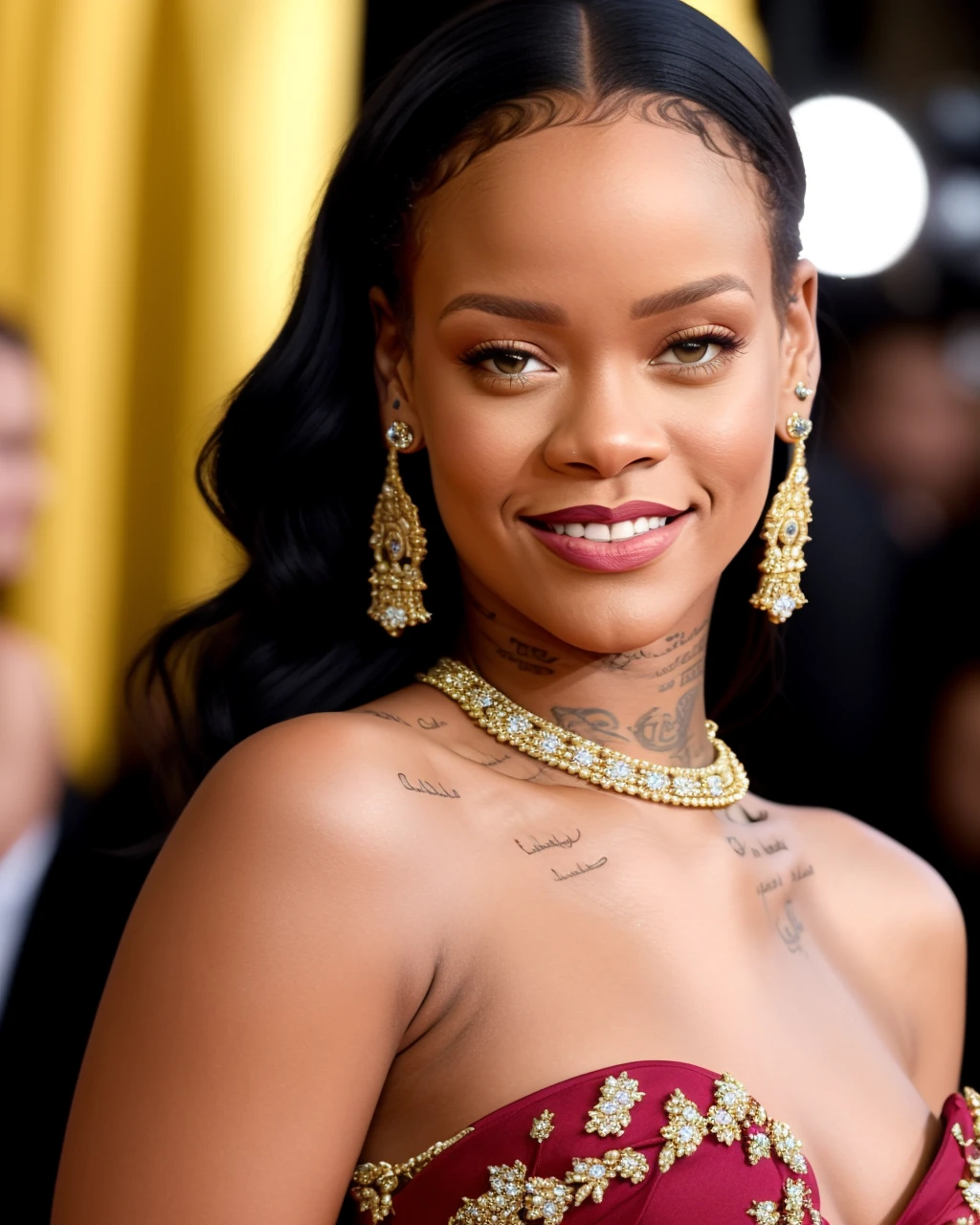 Depicting Rihanna in a Red Carpet-Ready Outfit, High-Quality, Smiling, Glamorous, Elegant, Timeless, Flowing Gown, Eye-Catching Jewelry, Perfectly Styled Hair and Makeup, Confident Pose, Regal Smile, Lavish Background, No Distortions, No Over-the-Top Photoshop Effects, Photographer's Signature Included, by Photographer Rochelle Brock, <lora:Elixir:1>