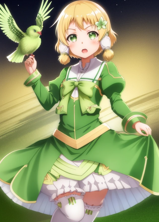 <lora:Inubozaki_Itsuki-10:0.7>,Inubozaki_Itsuki, 1girl, solo,short hair, open mouth, blonde hair,green hair ornament, long sleeves, dress, bow, green eyes, flower, boots, hair flower, bird, green dress, bloomers