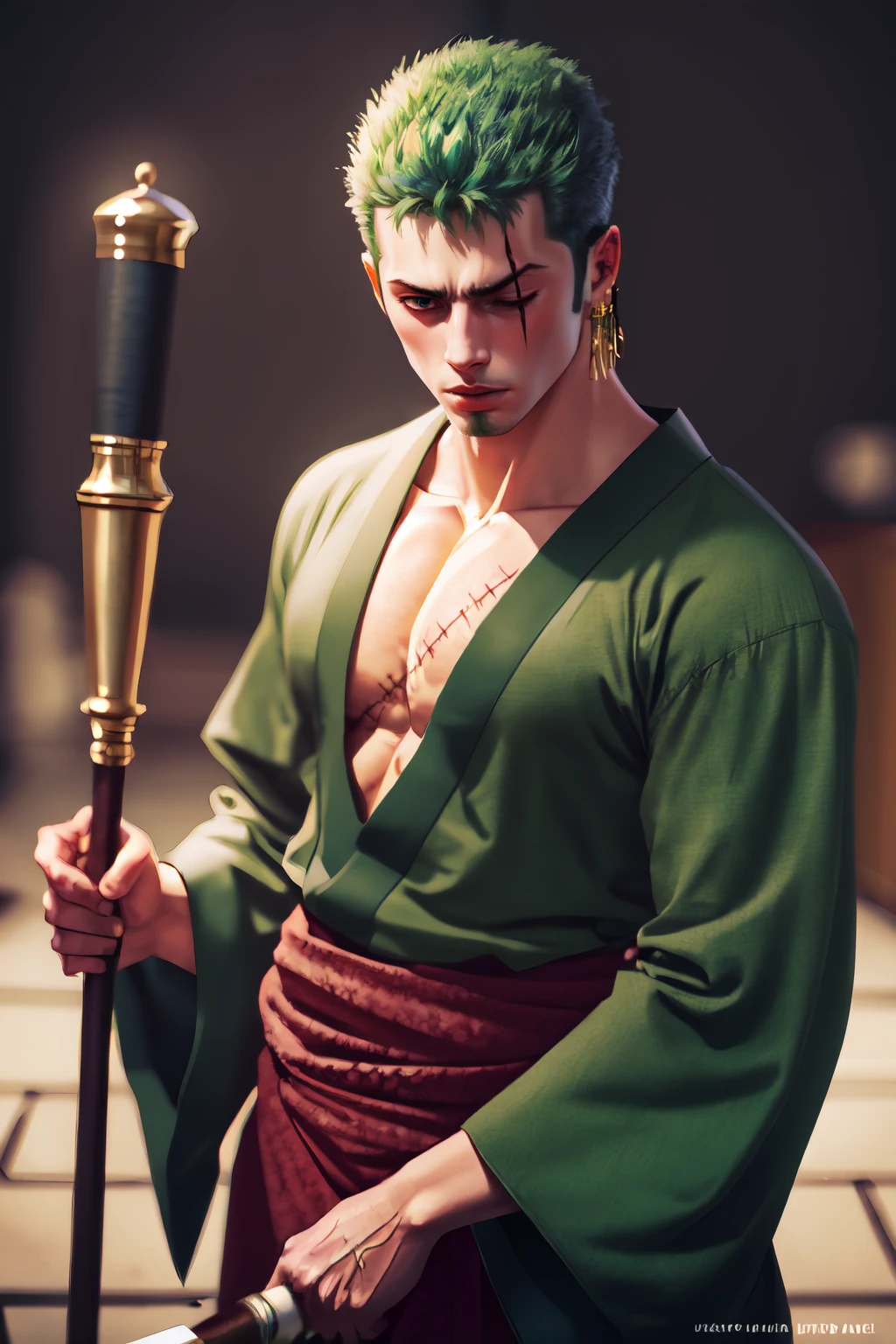 Highly detailed, High Quality, Masterpiece, beautiful, <lora:UnlimitedBladeWorksV0.3:0.8>, (Staff:1.2), 1boy, solo, roronoa zoro, muscular male, scar, scar across eye, japanese clothes, green kimono, green hair, <lora:Char_OnePeace_Zoro:1>, (detailed face and eyes:1.3)