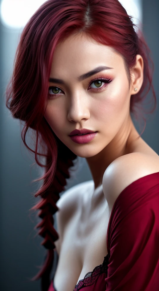 vietnam woman, (to8contrast style), (Close-up portrait), open mouth, 8k RAW photo, highest quality, detailed green eyes, eye reflection, winged eyeliner, (looking at the viewer:1.3), perfect eyes, best shadow, intricate details, interior, (crimson hair:1.3), pigtails, muted colors, high contrast style, glam shot, smoldering, (sultry:1.1), dof, bokeh, intense, languid, tempting, sensual, seductive, longing, yearning, smitten, dark photography studio, minimal lighting, deep shadows, stark contrasts, dramatic highlights, (black backdrop:1.2), dimples, fullness, plumpness, natural blue lips, bold color, alluring, captivating, striking, unforgettable, stunning, breath-taking, timeless beauty. (bare shoulders:1.2), headshot