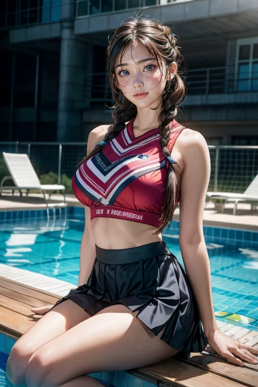1girl, solo, large breasts, (depth of field:1.1), (realistic, photo realistic:1.37), clothes with random and brilliant patterns, <lora:add_detail:0.8>, <lora:FilmGX4:0.3>, dark studio, rim lighting, two tone lighting, dimly lit,
quad_braids, cheerleader, midriff, poolside, skirt_around_one_leg, seduced_face,