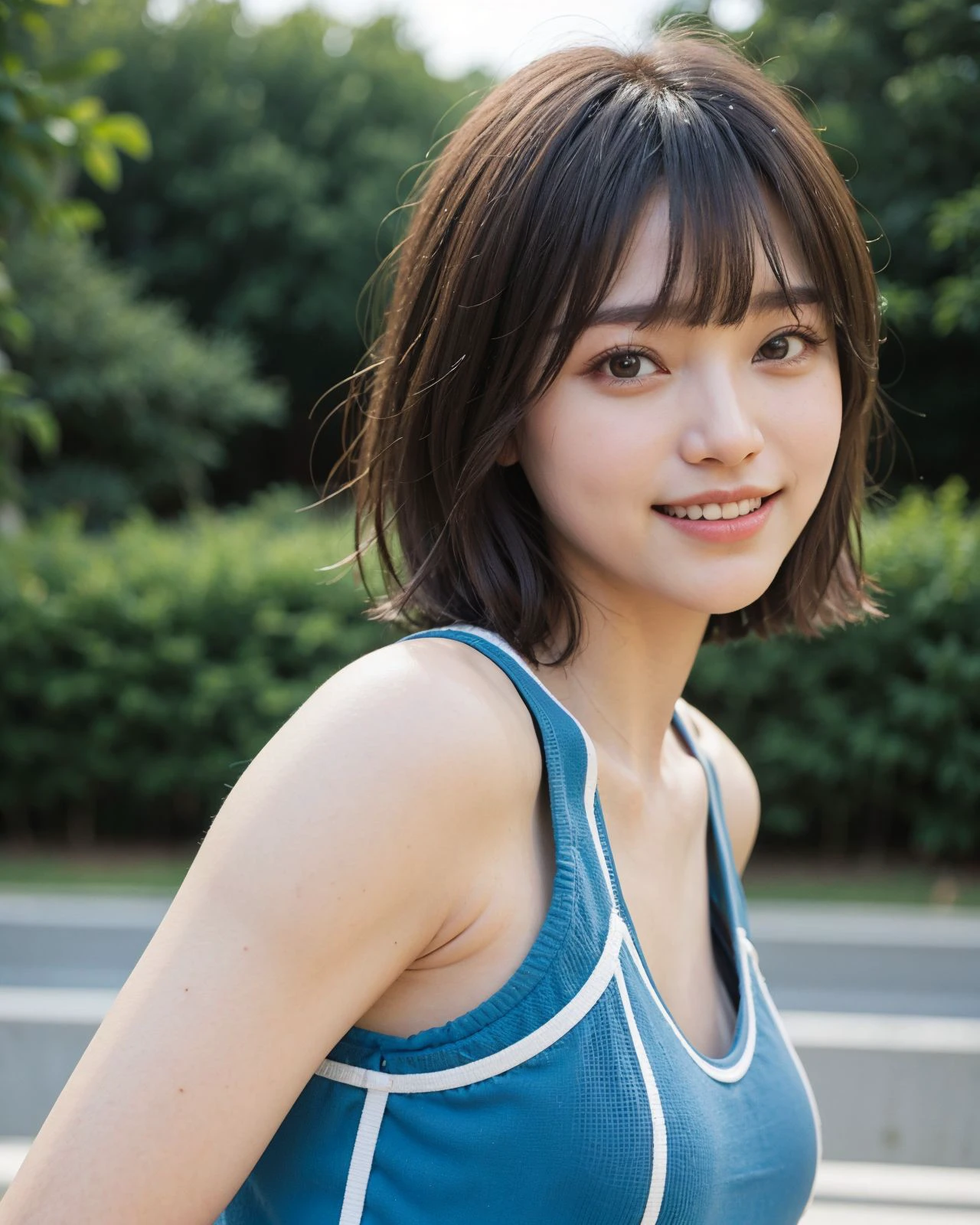 <lora:zyd232_ChineseGirl_v4_2:0.7> zydG, 1girl, detailed skin, looking at viewer, brown eyes, (short hair with bangs:1.2), (large breasts:1.0), (large areolae:0.8), parted lips, teeth, smile, 
(photorealistic:1.4), (best quality:1.0), (ultra highres:1.0), 8k, RAW photo, (masterpiece:0.2), (sportswear:1.5), from side, portrait, 
(pureerosface_v1:0.5)