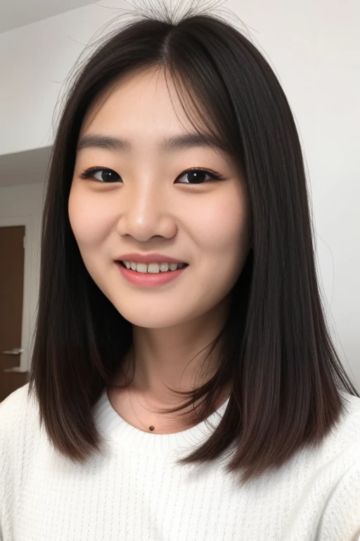 instagram.com and raw photo and (sfw:1.2) and Anya01 and <lyco:Anya01V30:0.65> and (A young 20 year old Chinese woman) and Detailed face and (She looks at the camera with a natural smile) and she has symmetrical eyes and (aegyo sal) and she has pale skin and black long hair and (front view and face close-up) and cleavage and (Detailed skin texture:1.15) and (detailed skin pores:1.15) and high skin detail and (photorealistic:1.2) and (Realistic:1.2) and (masterpiece and best quality) and (simple background:1.2) and (White background:1.2) and indoor