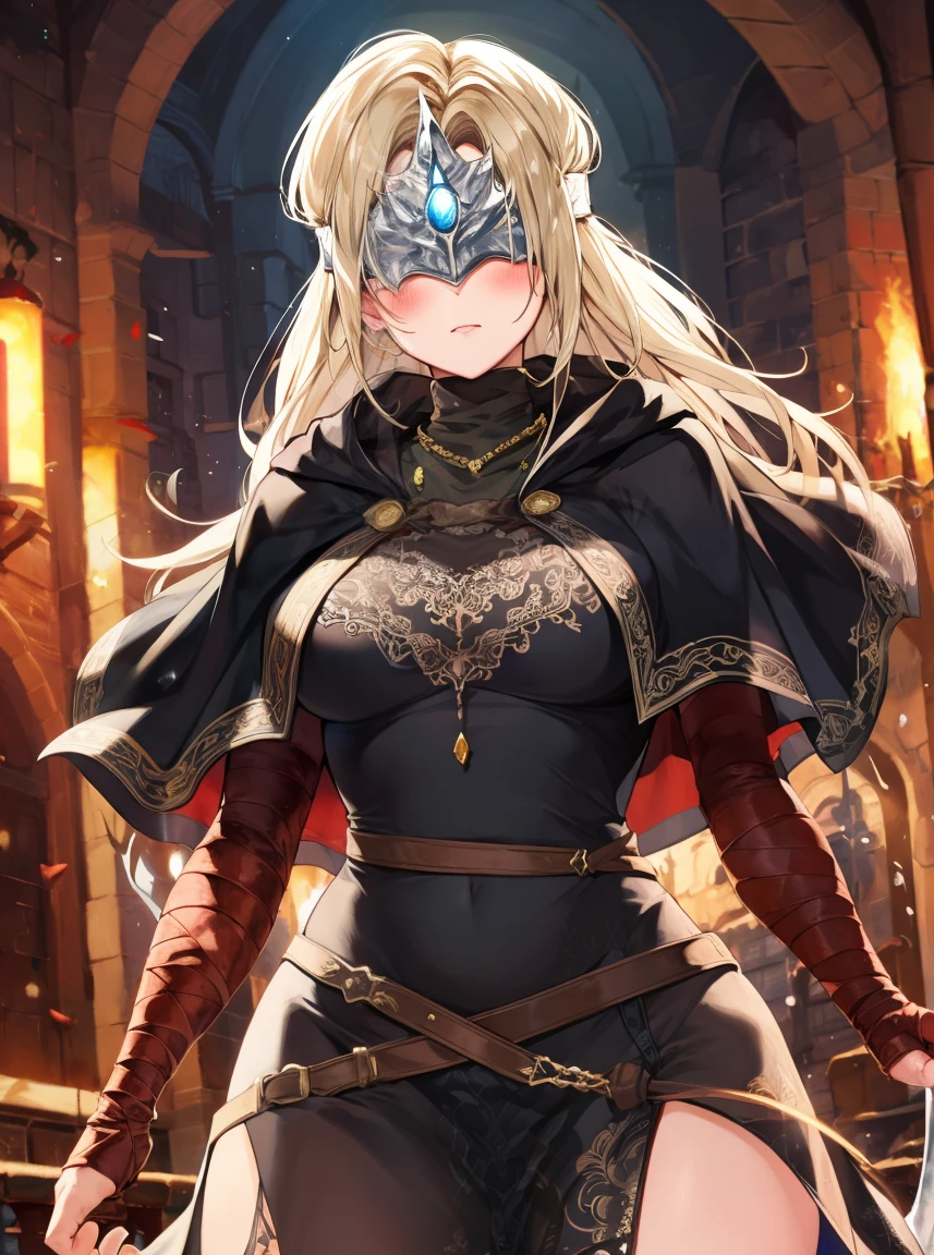 masterpiece, detailed, high quality, absurdres, blindfirekeeper, 1girl, solo, blush, medium breasts, curvy, black dress, see-through, black capelet, bandaged arm, cowboy shot,