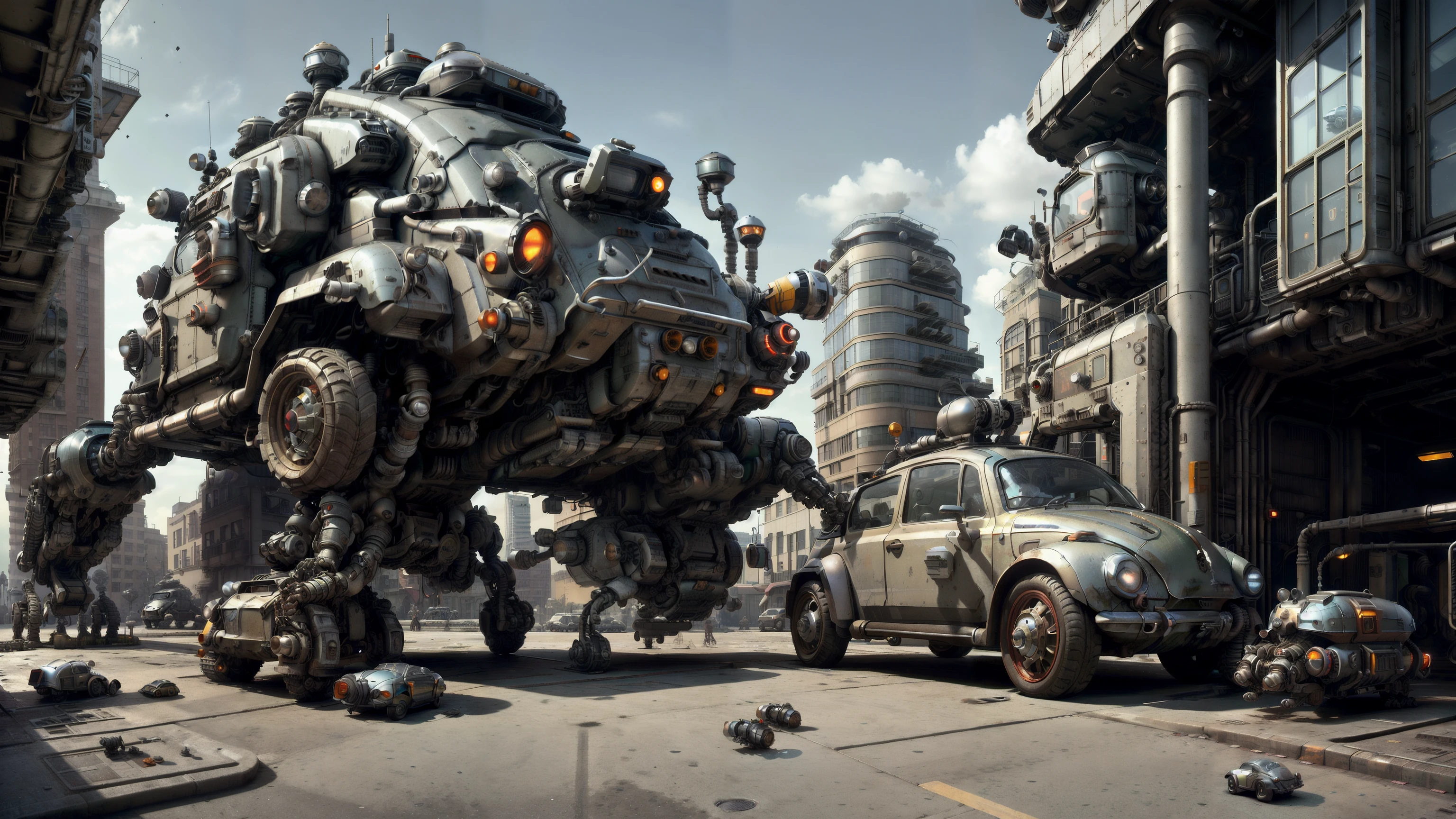 three-quarter view, low-angle view,[spider mech:volkswagen beetle:0.3], parking, parking meter, car doors open, (hyperrealistic, ultradetailed, photorealism:1.4), lots of tiny little details, masterpiece, dieselpunkAI<lora:DieselPunkAI:1.0>