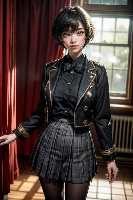 1girl, solo, large breasts, (depth of field:1.1), (realistic, photo realistic:1.37), clothes with random and brilliant patterns, <lora:add_detail:0.8>, <lora:FilmGX4:0.3>, dark studio, rim lighting, two tone lighting, dimly lit,
pixie_cut, band_uniform, cross-laced_cutout, rope_bridge, skirt_around_ankles, drunk_face,