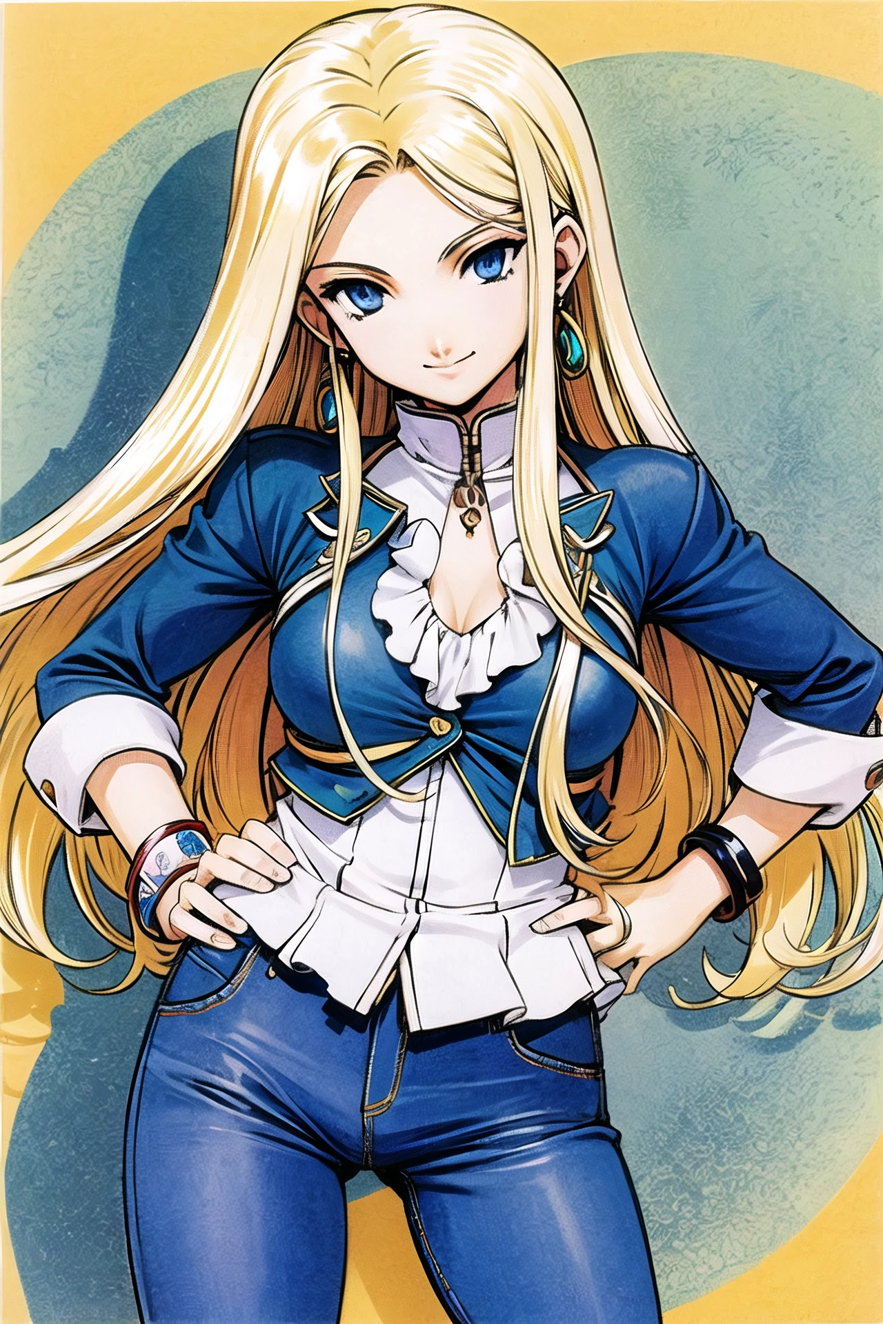 1girl, blonde hair, solo, long hair, jewelry, earrings, blue eyes, bracelet, hand on hip, smile, traditional media, looking at viewer, pants, <lora:sakura1:0.8>
