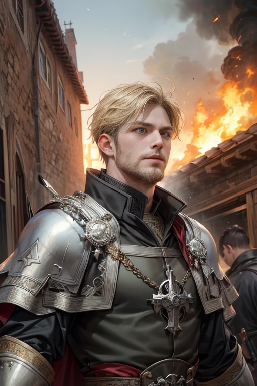 (Absurdres, Intricate Details, Masterpiece, Best Quality, High Resolution, 8k), 1 male, byzantine, mature, aged up, handsome, finely detailed eyes and face, natural blonde thick beard hair, green eyes, looking up, solo, upper body, detailed background, smirking, assassins creed, master assassin, hidden wrist-blade, gray elaborate leather assassin clothes, capelet, small knives, revolutionary, dynamic pose, fighting, late medieval setting, Constantinople, fire in background, dirt, wind, Depth of Field, VFX.