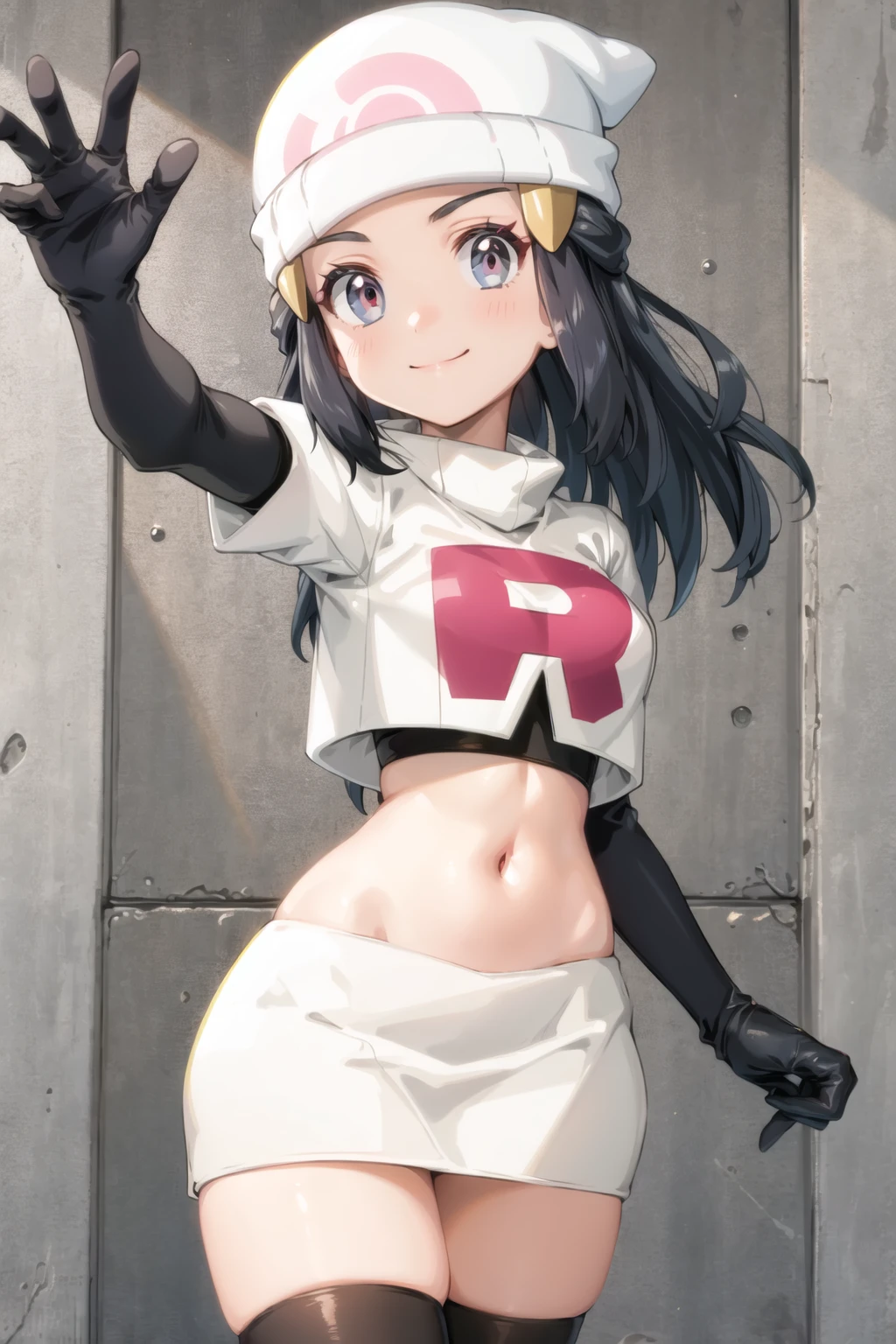 masterpiece, best quality, <lora:DawnLora:0.7>, dawn \(pokemon\), team rocket uniform, white jacket, cropped jacket, white skirt, glare, smile, white headwear, beanie, black gloves, elbow gloves, black thighhighs,