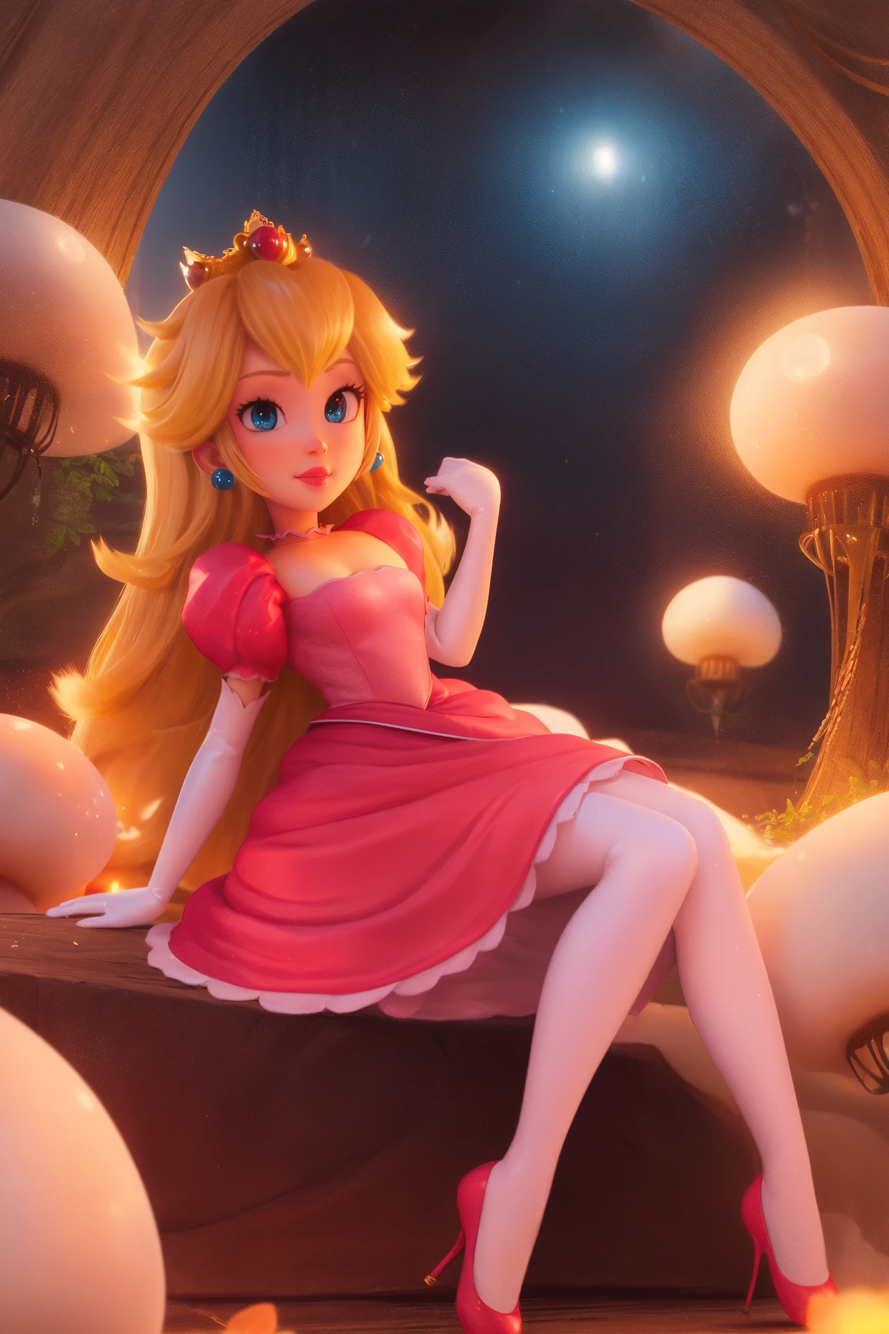 highres, masterpiece, perfect ligthing, bloom, cinematic lighting, adult, perfect skin, female, looking at viewer, full body shot, smile, narrow waist, skinny,  <lora:PrincessPeachMovie:0.6>, (PrincessPeach), (Princess Peach), (Pink Dress), detailled eyes, blue eyes, sensual, mushrooms,mushroom kingdom, pink lips, ((glossy lips)), pursed lips, pink pumps, glossy skin, oily skin, beautiful light, (day:1.3), bright,<lora:PrincessPeachMovie-000004:0.5>