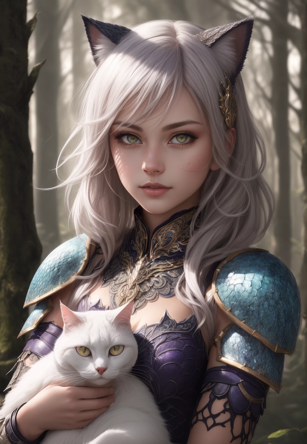 girl holding cat, cat ears, chibi, blue, gold, white, purpple, dragon scaly armor, forest background, fantasy style, (dark shot:1.17), epic realistic, faded, ((neutral colors)), art, (hdr:1.5), (muted colors:1.2), hyperdetailed, (artstation:1.5), cinematic, warm lights, dramatic light, (intricate details:1.1), complex background, (rutkowski:0.8), (teal and orange:0.4), colorfull, (natural skin texture, hyperrealism, soft light, sharp:1.2), (intricate details:1.12), hdr, (intricate details, hyperdetailed:1.15), white hair,
