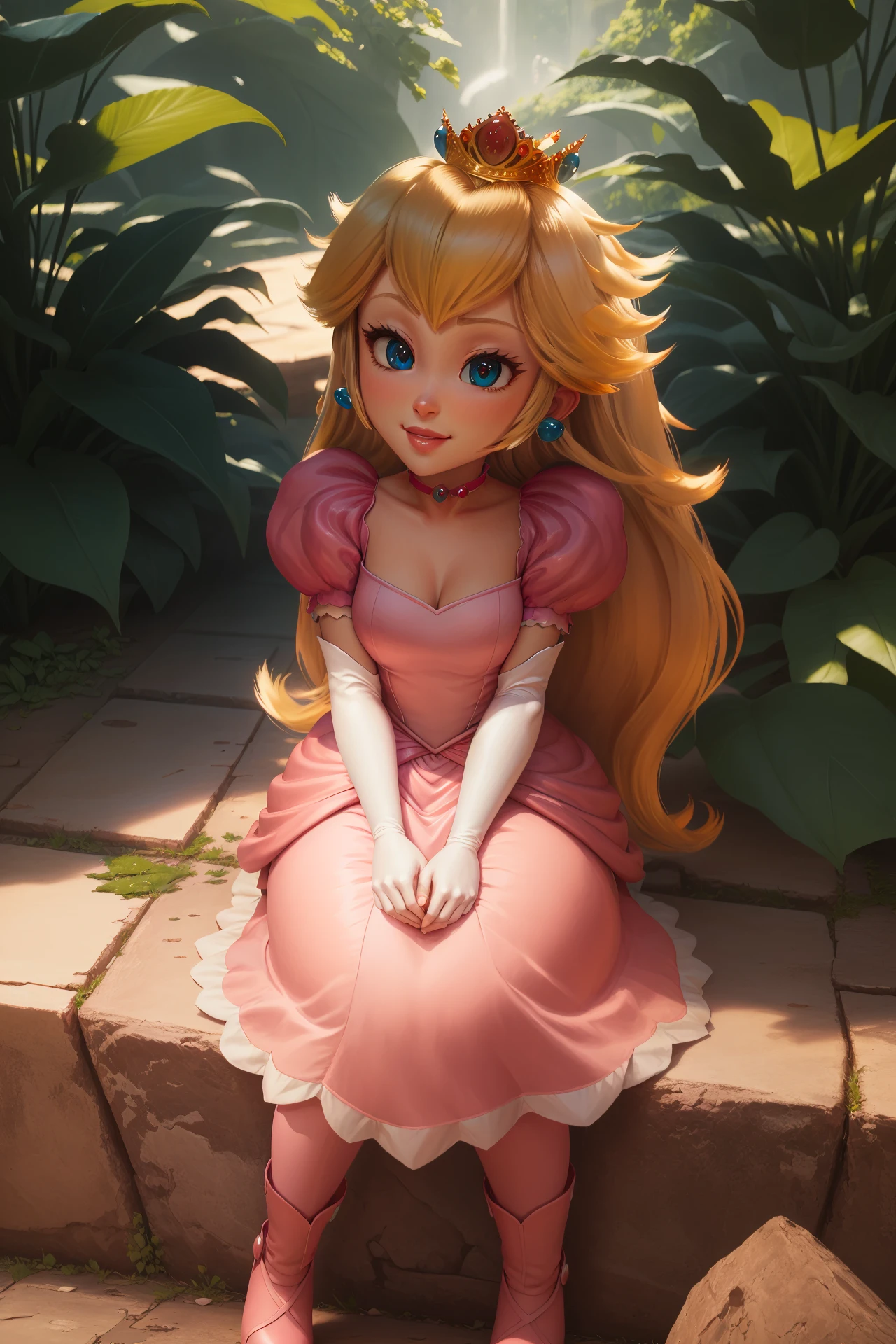 highres, masterpiece, perfect ligthing, bloom, cinematic lighting, adult, perfect skin, female, ((cowboy shot)), Wide-Legged Seated Forward Bend, smile, narrow waist, skinny,  <lora:PrincessPeachMovie:0.6>, (PrincessPeach), (Princess Peach), (Pink dress:1.6), choker, detailled eyes, blue eyes, choker, sensual, Secret garden, pink lips, ((glossy lips)),  pumps, glossy skin, oily skin, beautiful light, (day:1.3), bright,<lora:PrincessPeachMovie-000004:0.5>