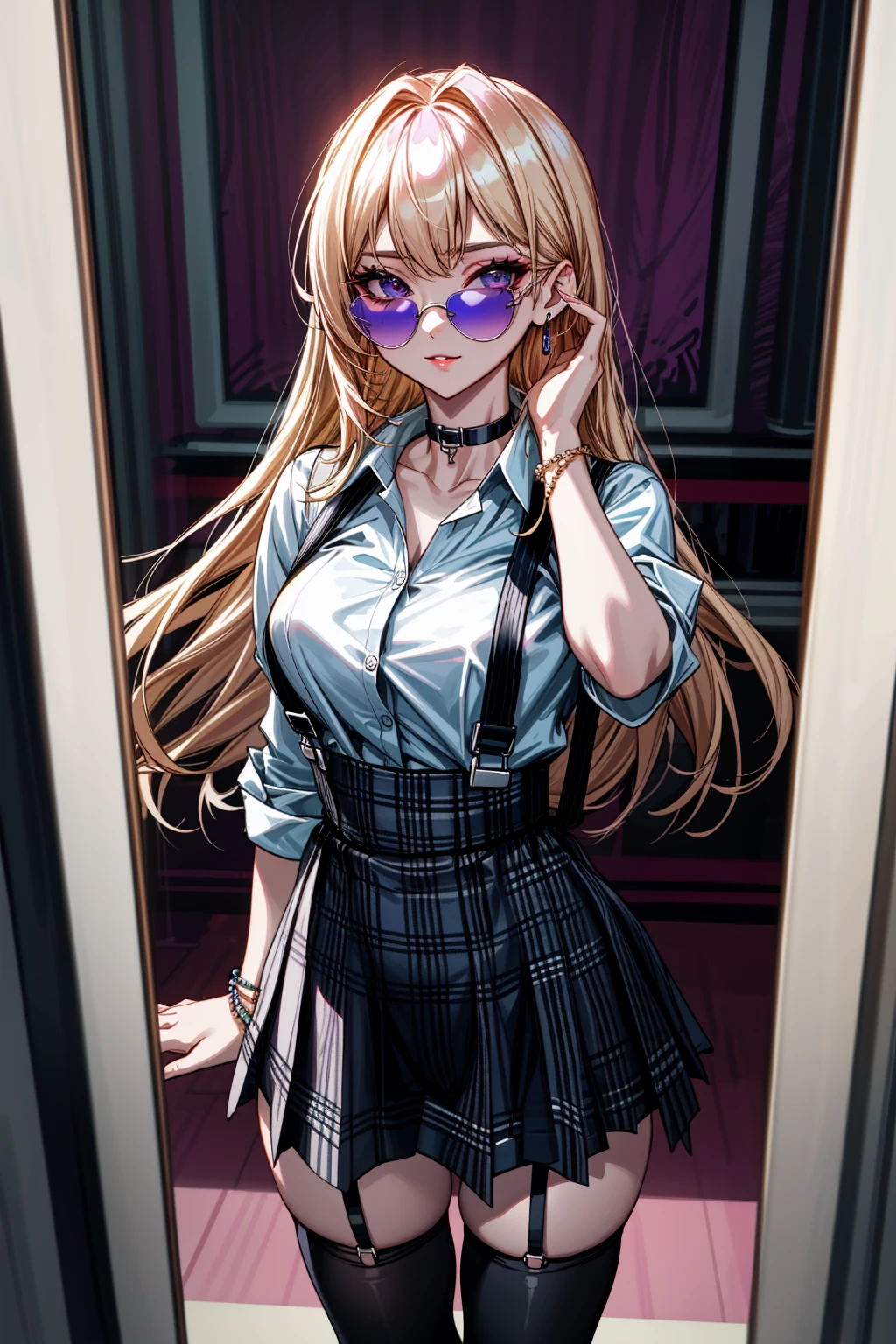 4K, Masterpiece, highres, absurdres,natural volumetric lighting and best shadows, deep depth of field, sharp focus, soft delicate beautiful attractive face,vandread,blonde Nadia with sunglasses and a choker,looking at viewer , vandread drawing style, <lora:Dita:0.25> <lora:Nadia:0.35> <lora:zeronis:0.25> <lora:add_detail:1>
1girl, solo, long hair, looking at viewer, skirt, shirt, thighhighs, jewelry, standing, white shirt, purple hair, earrings, black thighhighs, indoors, bracelet, plaid, makeup, plaid skirt, suspenders, reflection, mirror, realistic, suspender skirt, wearing Urban_Gal
<lora:edgAsianUrbanGal:0.75>