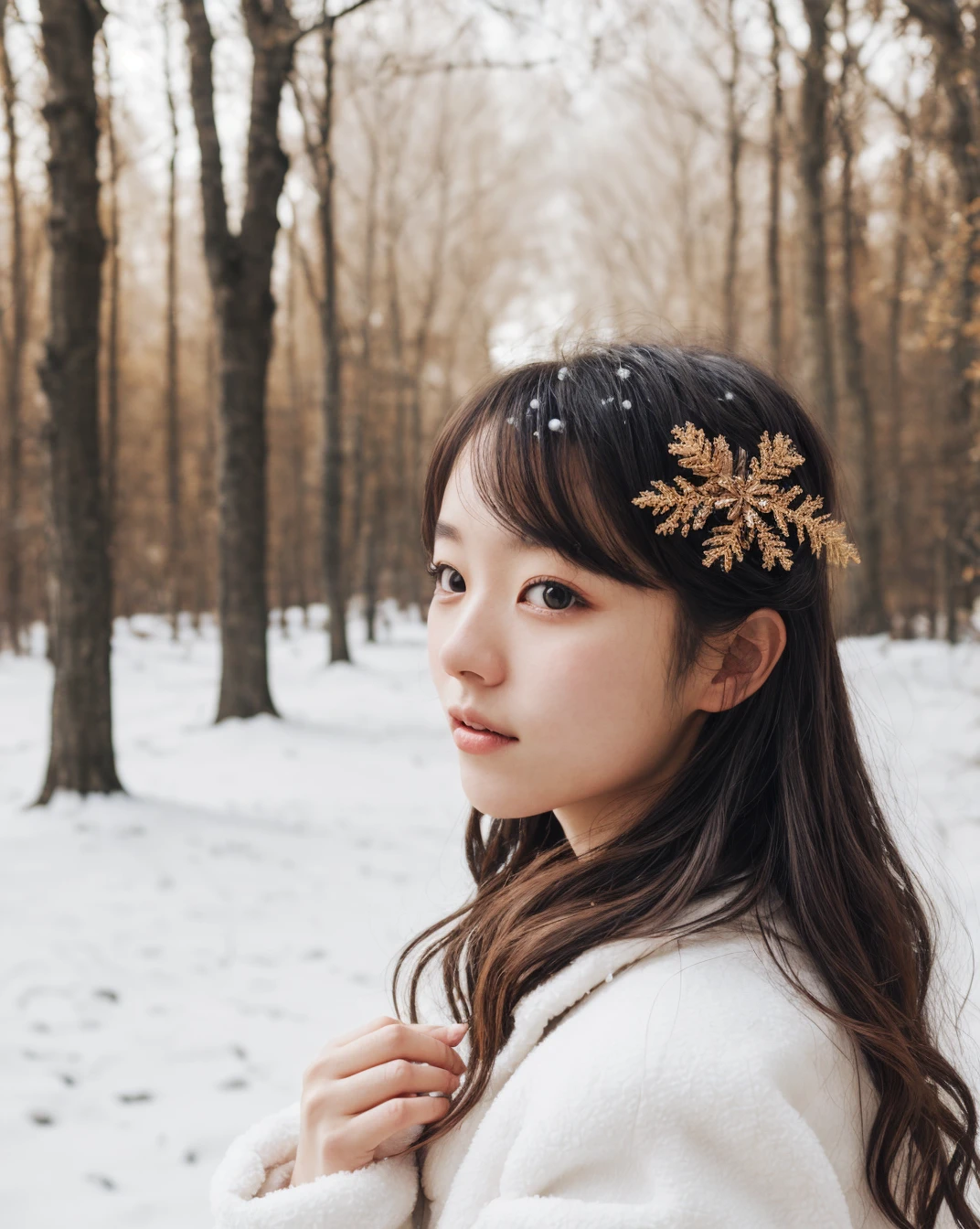 Whimsical winter tale, 1girl, korean, fairytale dress, white fur coat, loose curly red hair with snowflakes, foggy forest background with snow, rosy cheeks and nose from the cold, frosted dreamy scene portrait photography, The composition should be bathed in the warm, golden hour light, with a gentle depth of field and soft bokeh to accentuate the pastoral serenity. Capture the image as if it were taken on an old-school 35mm film for added charm. film portrait photography, 35mm film, filmg, <lora:AddDetail:0.4>, <lora:FilmG3:0.6>