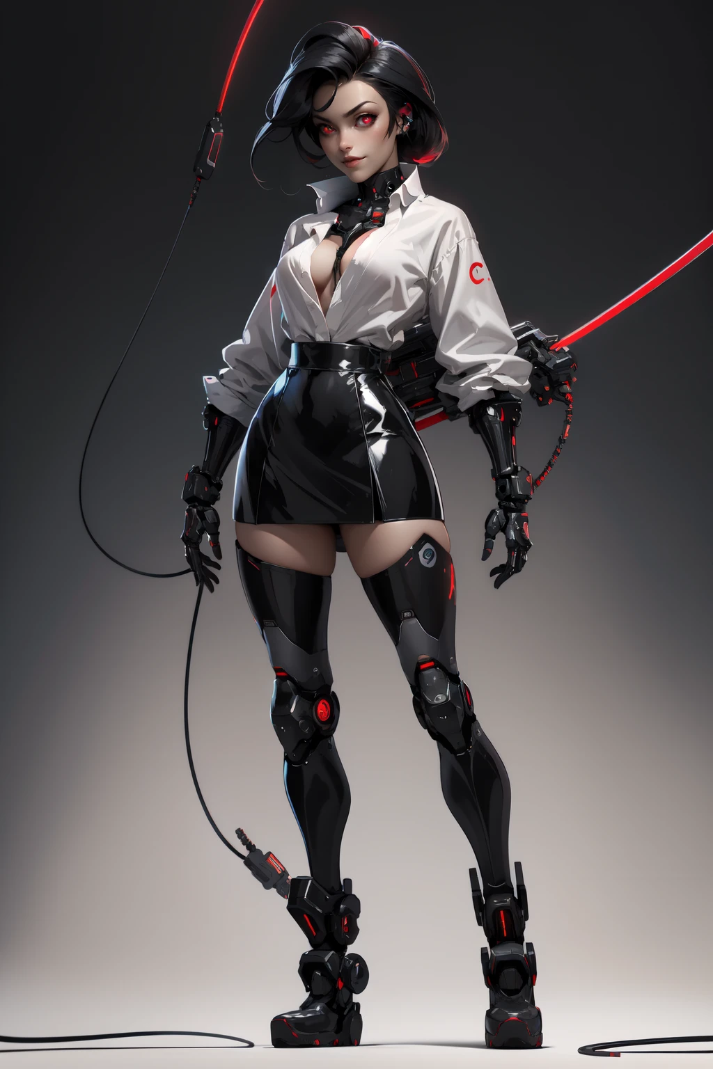 nijistyle, full body of cyborg lady, cybernetic jaw, mechanical parts, white shirt, unbottoned, black latex skirt, metal skin, glowing red eyes, cables, wires, black hair, simple background, <lora:sxz-style-niji:0.8>
