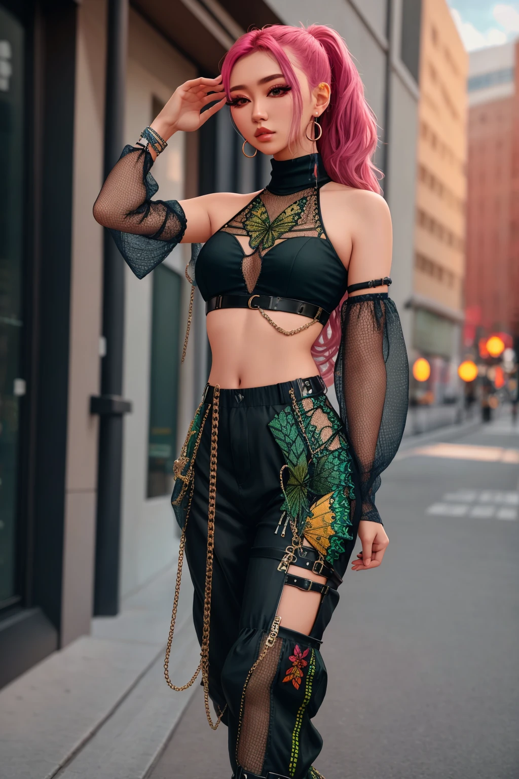 4K, Masterpiece, highres, absurdres, 
[Urban_Gal|butterfly_top], womzn, wearing Urban_Gal, multicolor butterfly design embroidery, long baggy pants, multiple iron chains, fishnets, turtleneck
 <lora:UrbanButterfly:1>