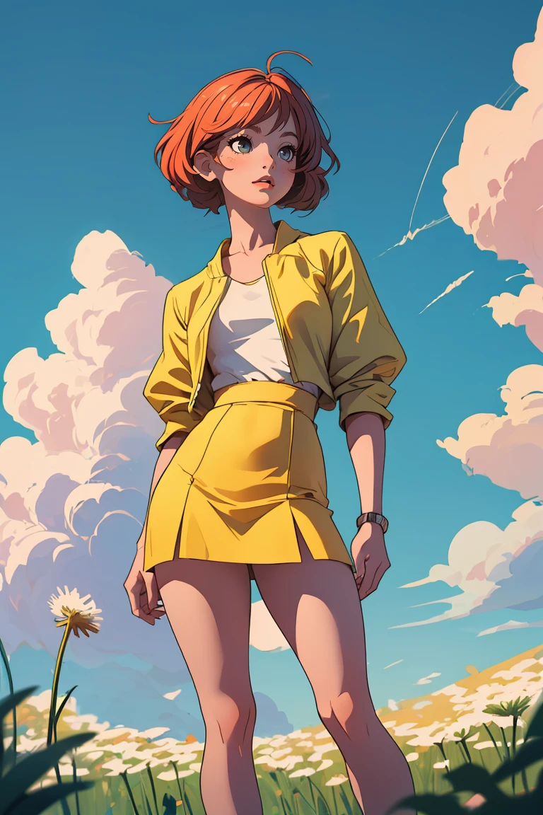 (best quality, masterpiece), 1girl, cloudy sky, dandelion, contrapposto, alternate hairstyle,