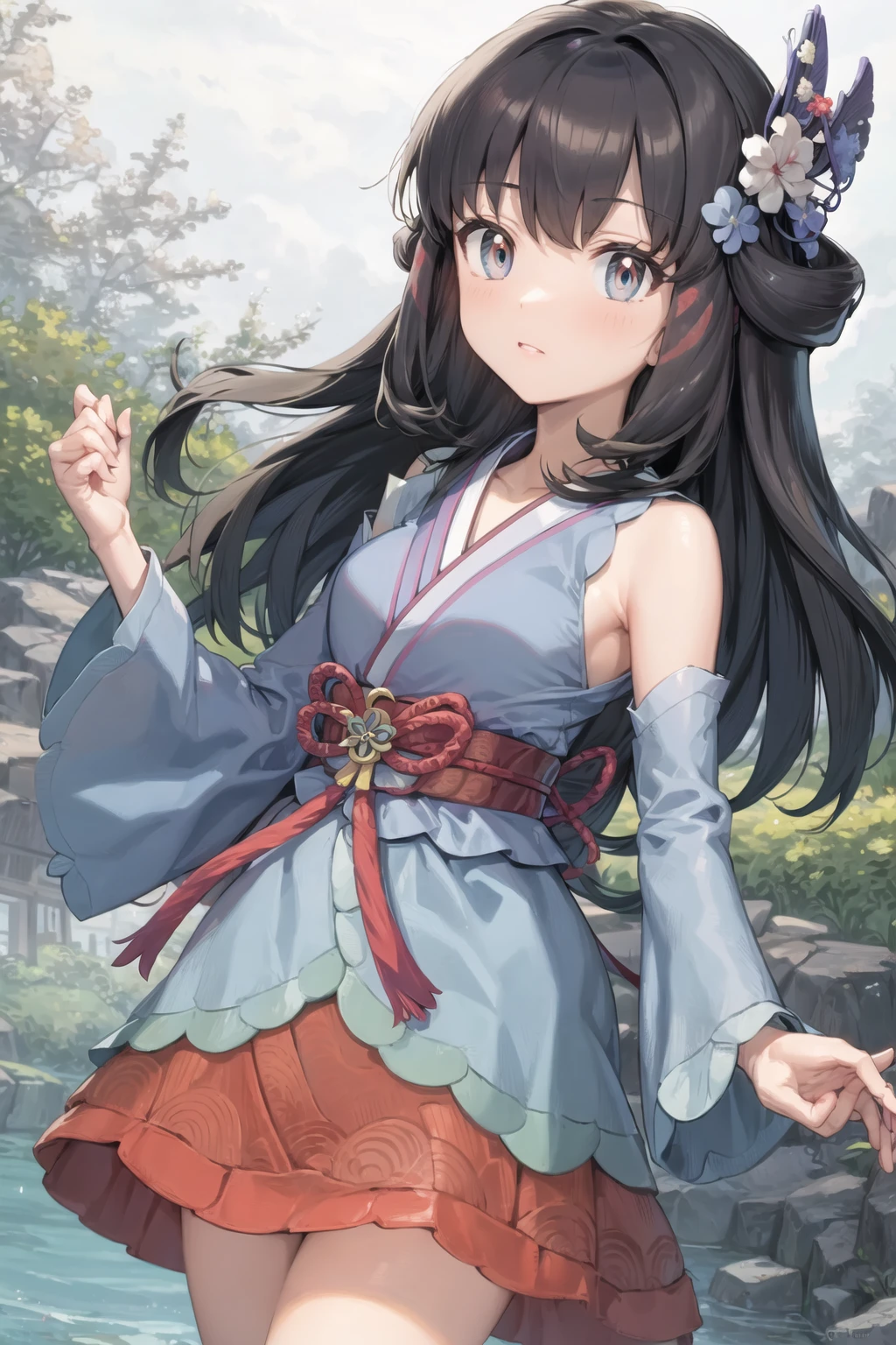 masterpiece, best quality, <lora:DawnLora:0.7>, dawn \(pokemon\), japanese clothes, hair ornament, blue kimono, red skirt, detached sleeves, long sleeves, bare shoulders, skirt under kimono,