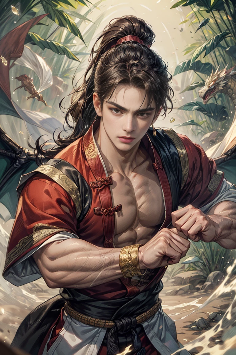 (Absurdres, Intricate Details, Masterpiece, Best Quality, High Resolution, 8k), 1 male, pretty boy, asian, mature, aged up, handsome, tall muscular guy, broad shoulders, ponytail hair, dark brown eyes, finely detailed eyes, and detailed face, looking at the viewer, solo, (style-swirlmagic:0.7), (full body:0.6), (Chinese fantasy theme:1.1), hair flowing in the wind, martial artist, dynamic pose, fighting stance, clenched fist, fingerless gloves, wrist wraps, dragon-themed clothes, monk robes, bamboo forest in the background, swirling floating particles, dynamic composition, mystical eastern medieval atmosphere, Depth of Field, VFX.