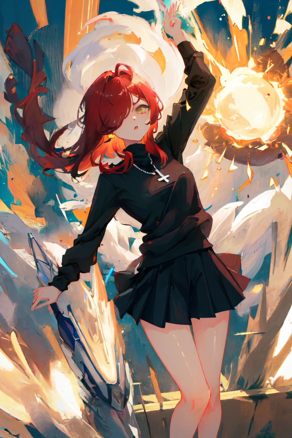((masterpiece, high quality, best quality, highres, ultra-detailed, 8k:1.4)), parasoul, 1girl, solo, breasts, sweater, dress, (skirt), ((closed umbrella)), hair over one eye, lips, lipstick, necklace, inverted cross, ((yellow eyes, red hair)), detailed eyes, perfect eyes, large eyelashes, blush, angry, portrait, close-up, explosion background, detailed background, volumetric light, dynamic angle, <lora:Parasoul-10:1.0>
