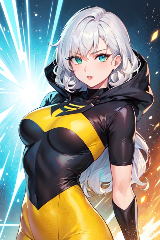 masterpiece, best quality, 1girl, red lips, solo, green eyes, green and yellow body suit, curly hair, multicolored hair, white hair, auburn hair, two-tone hair,ombre , Rogue of the X-men, Anna Lebeau, bangs, hood, side lighting, skiny skin, superhero,best illustration,