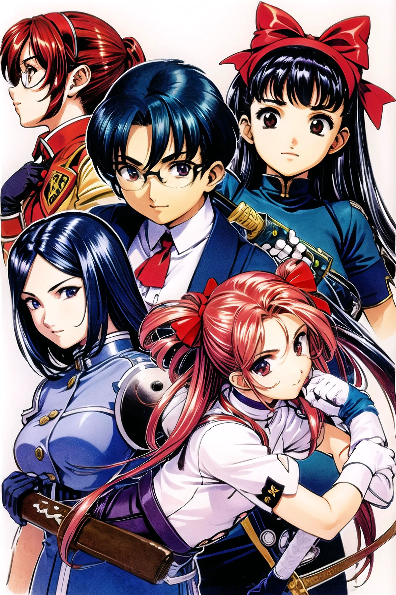 multiple girls, weapon, sword, bow, glasses, long hair, hair bow, hairband, red bow, short hair, gloves, black hair, fingerless gloves,<lora:sakura1:0.8>