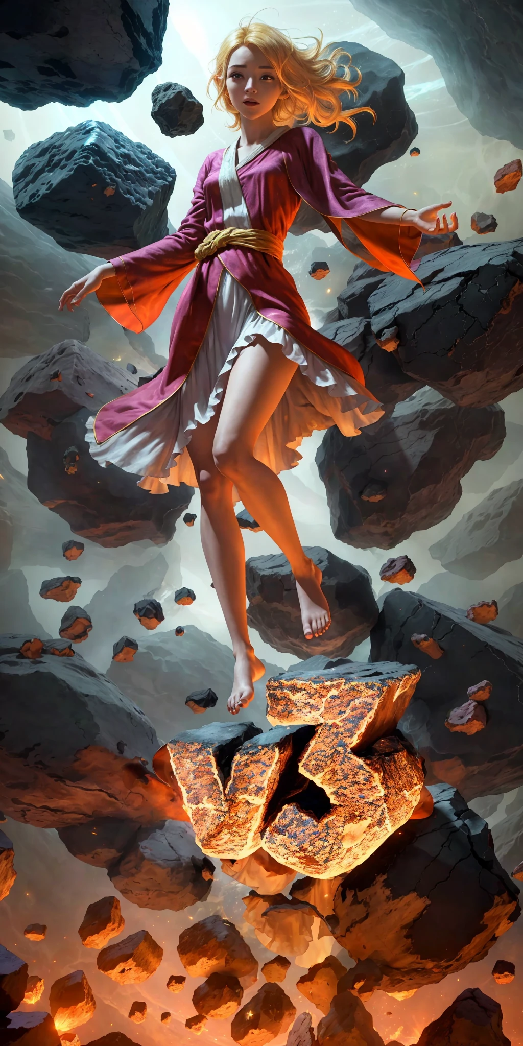 female barefoot summoner levitating with blonde hair robes and cape arms lifted up over a broken earth bright lava light from below asteroid field (jagged rocks boulders and debris shooting into the air:1.3) (windy dust debris storm:1.1) volumetric fog mist ray tracing z pass bright light from below, (masterpiece) (best quality) (detailed) (8k) (cinematic lighting) (sharp focus) (intricate)