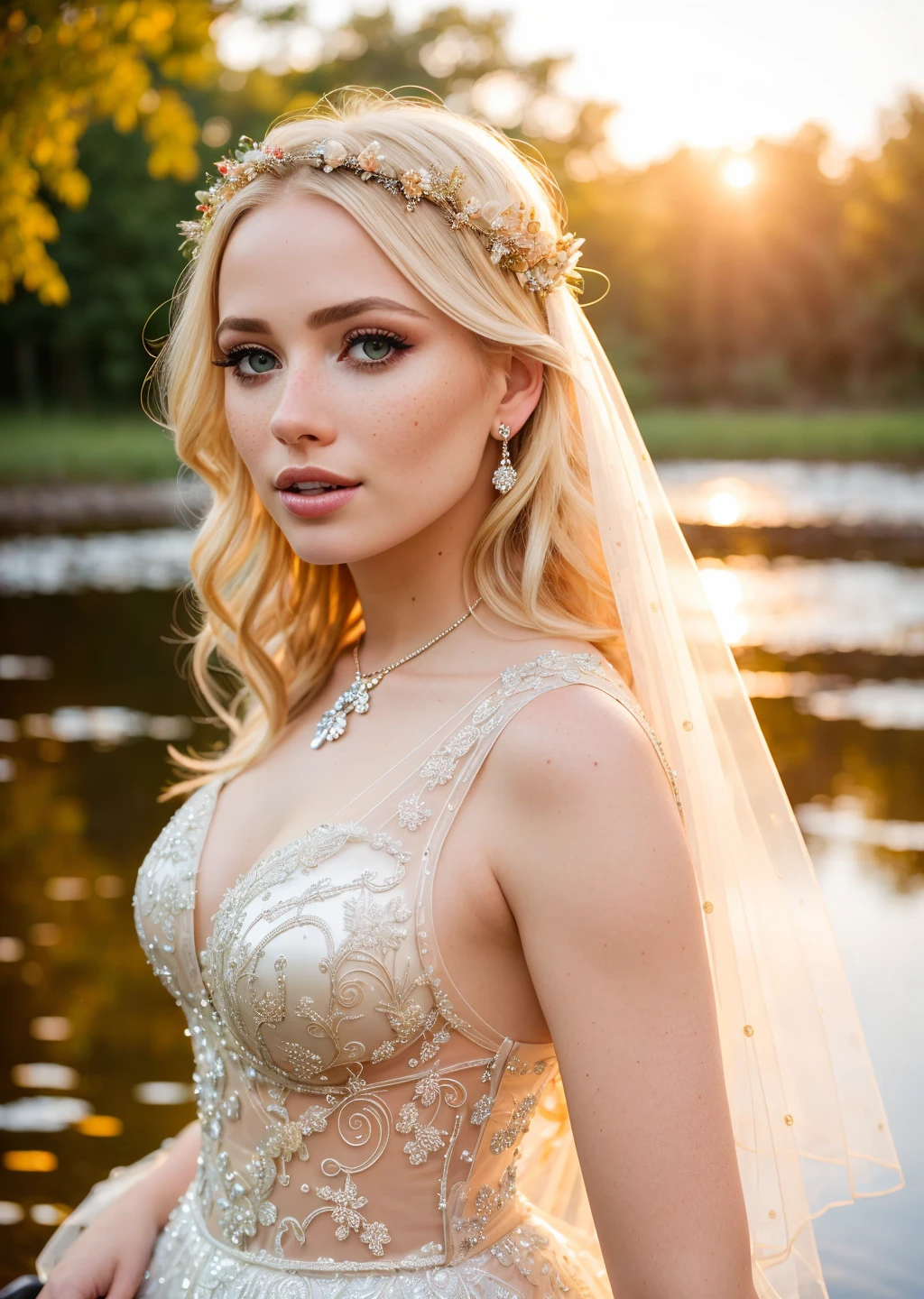 a portrait of a gorgeous blonde woman, she is wearing a beautiful multiple layered wedding dress with silver accent, intricate pattern, detailed
blurry background of a pond, swan, sunset, golden hour, sun-kissed, <lora:xEpi:1.4>
(light freckles:1.2), (beauty spots:1.2)