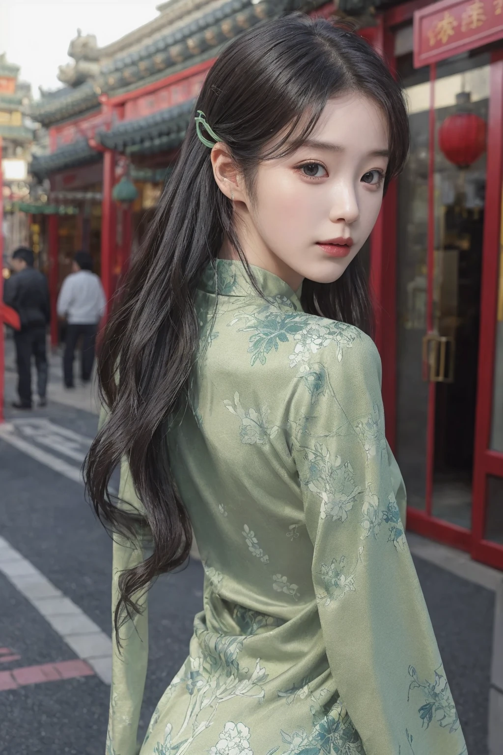 best quality, Lee Ji Eun, 1girl, solo, looking to the side, china dress,(light green long sleeves printed china dress), upper body, black eyes, lips, closed mouth, realistic, (outdoors:1.1),<lora:ChinaDress:0.7:1,1,1,1,1,1,1,1,0,0,0,1,1,1,1,1,1> <lora:iu_idol:0.8:FACE>