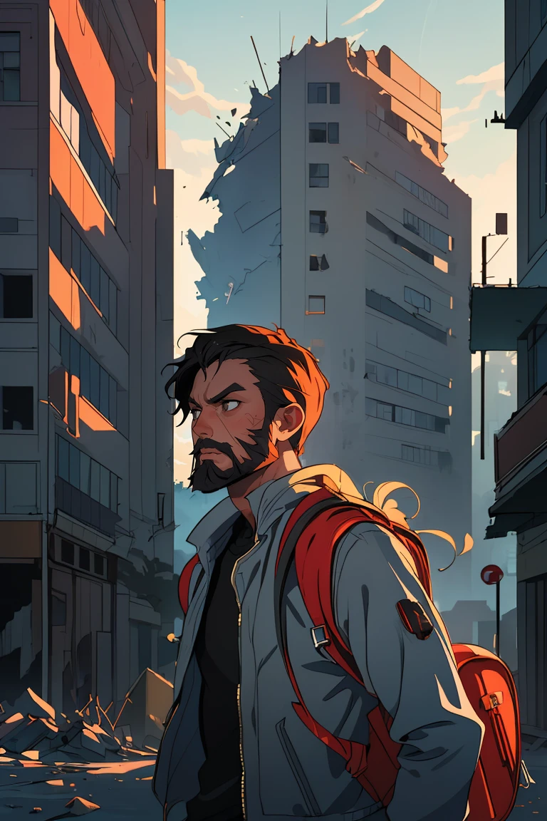 (best quality, masterpiece), 1boy, traveler, destroyed city, upper body, dark mood, beard, backpack, jumper
