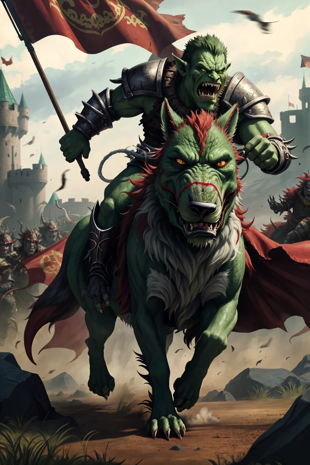 medieval fantasy portrait armored (green-skin:0.1) orc warrior charging into battle violent roar spittle raging angry riding a vicious [wolf|hog] reddish worg beast greaves boots standing in a crowd of warriors red banners (windy dust debris storm:1.1) volumetric lighting fog depth mist pass z pass fantasy stone castle bright morning light from side, (masterpiece) (best quality) (detailed) (8k) (cinematic lighting) (sharp focus) (intricate)