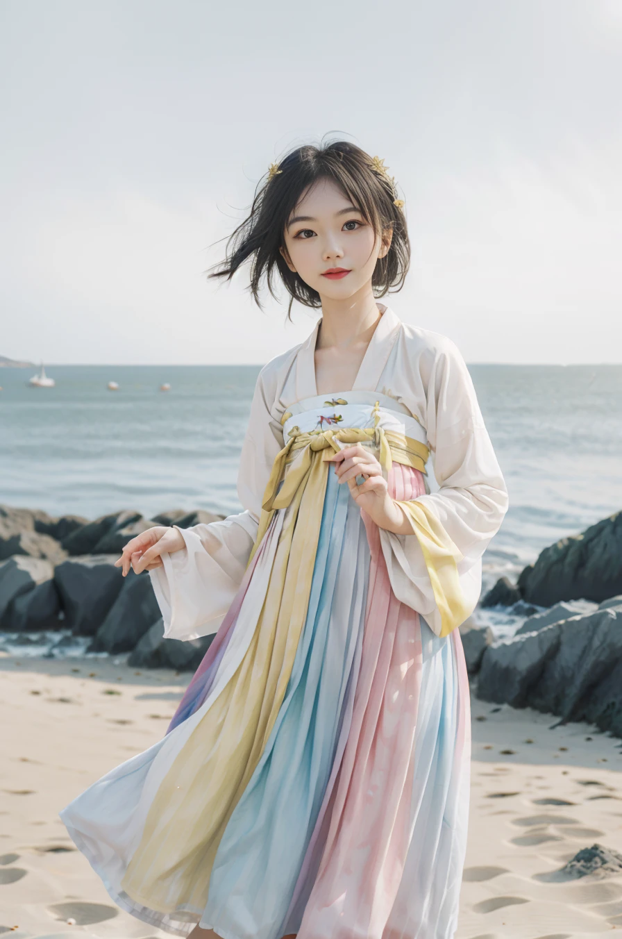<lora:FilmG4:0.7>, Coastal beauty, 1girl, (bright eyes, sun-kissed skin, carefree expression), sandy beach background, lighthouse, gentle sea breeze, playful pose, dynamic composition, golden hour lighting, blurred background, rich colors, fine details, hyperrealistic, 50mm lens, relaxed atmosphere. portrait photography, 35mm film, natural blurry,<lora:hanfuTang_v32:0.5>,(hanfu, tang style outfits, white upper shan, multicolour chest pleated skirt, yellow waistband),<lora:nwsj:0.6>,solo