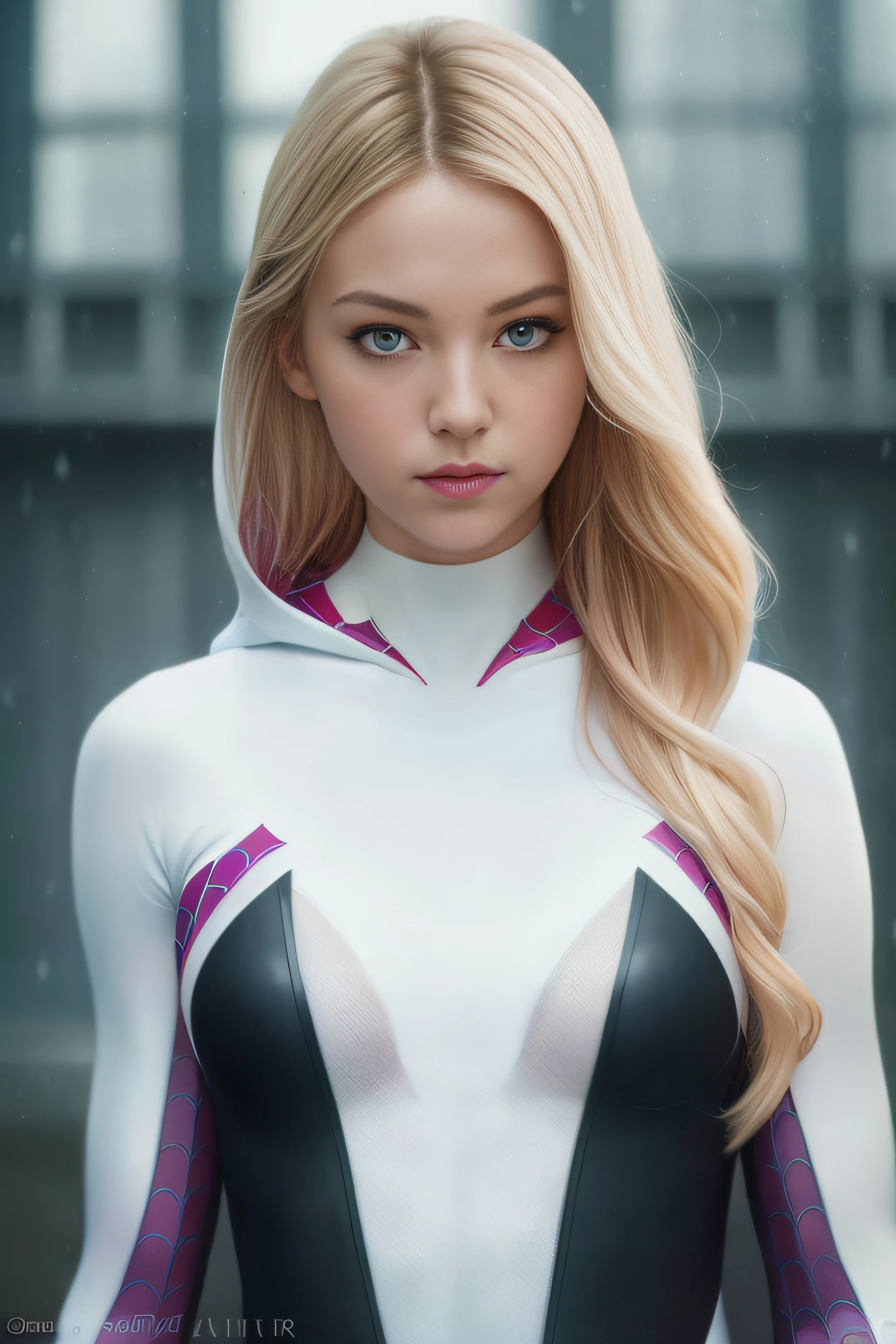 8k portrait of beautiful spider-gwen, blonde hair, water, wearing spider gwen costume, (wearing hood:1.1), long hair, intricate, highly detailed, digital photography, art by artgerm and ruan jia and greg rutkowski surreal, (masterpiece, sidelighting, finely detailed beautiful eyes: 1.2), hdr, bloe colorful eyes, <lyco:spider_gwen:1.0>