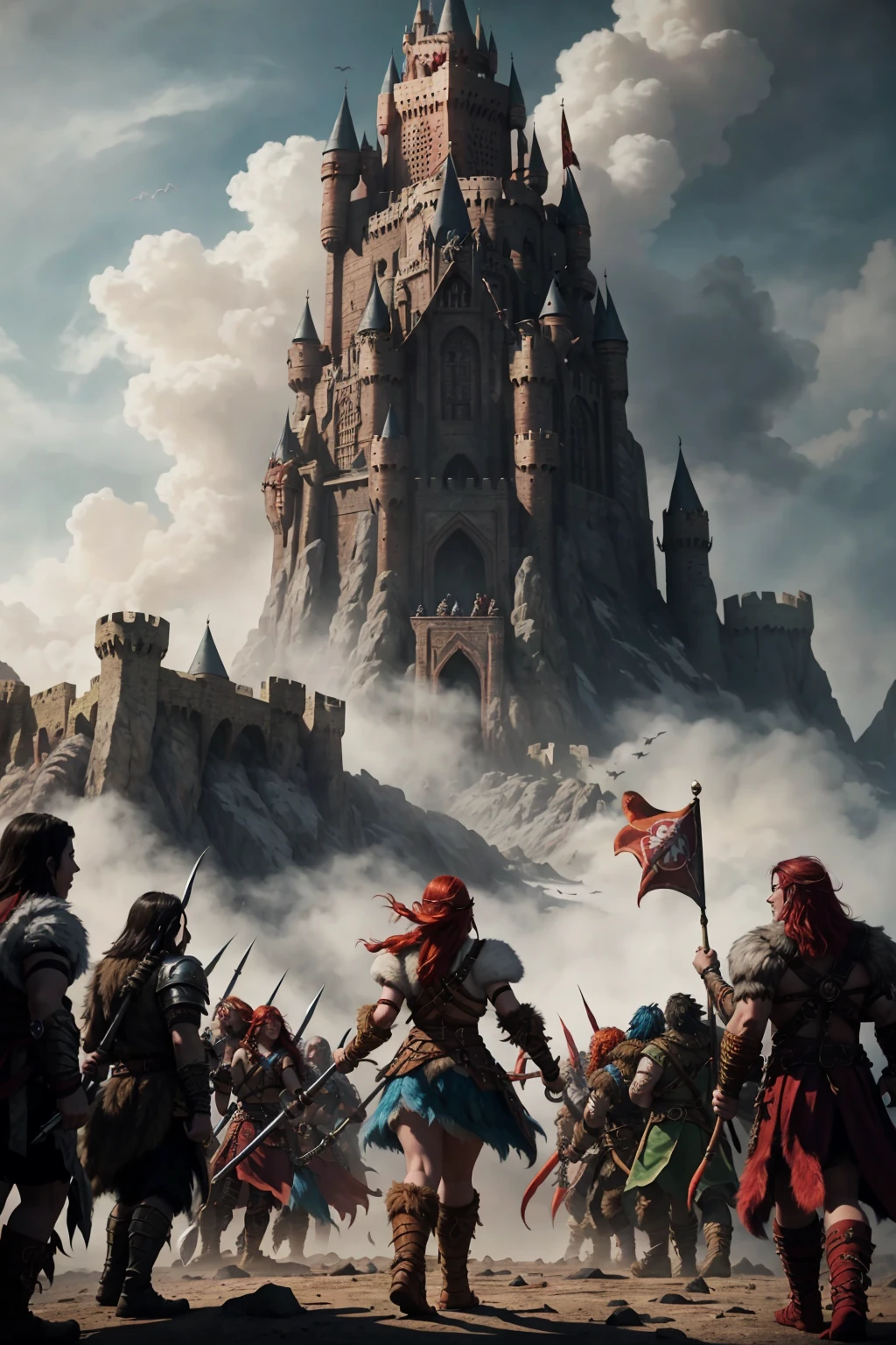 dungeons and dragons epic movie poster barbarian woman marching into battle violent roar spittle raging angry arms up leather and fur boots army of warriors carrying red banners (windy dust debris storm:1.1) volumetric lighting fog depth mist pass z pass fantasy stone castle bright morning sunlight from side, (masterpiece) (best quality) (detailed) (8k) (cinematic lighting) (sharp focus) (intricate)