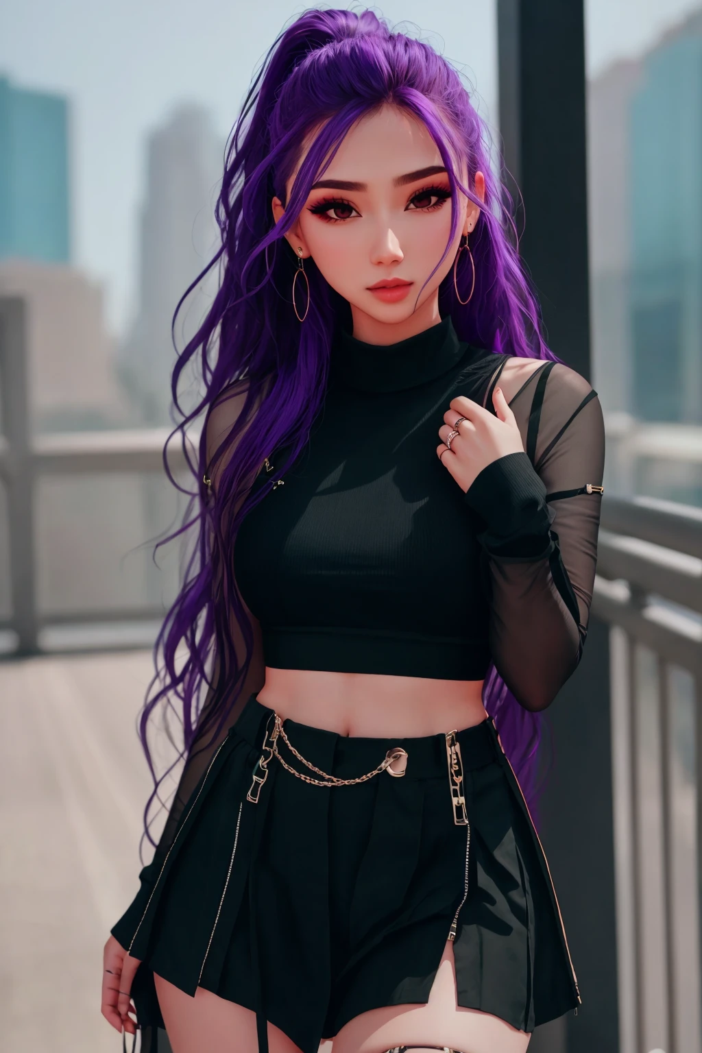 4K, Masterpiece, highres, absurdres, 
1girl, solo, long hair, skirt, shirt, long sleeves, jewelry, purple hair, multicolored hair, earrings, parted lips, shorts, blurry, bracelet, lips, crop top, see-through, looking to the side, black shirt, makeup, blurry background, black shorts, piercing, ring, realistic, hand on own shoulder, wearing Urban_Gal,
 <lora:edgAsianUrbanGal:1>